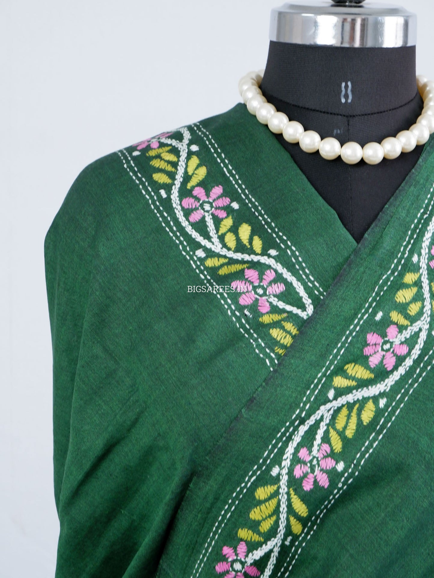Kantha Hand-Embroidered Saree | Pure Khadi Cotton | Dark Green