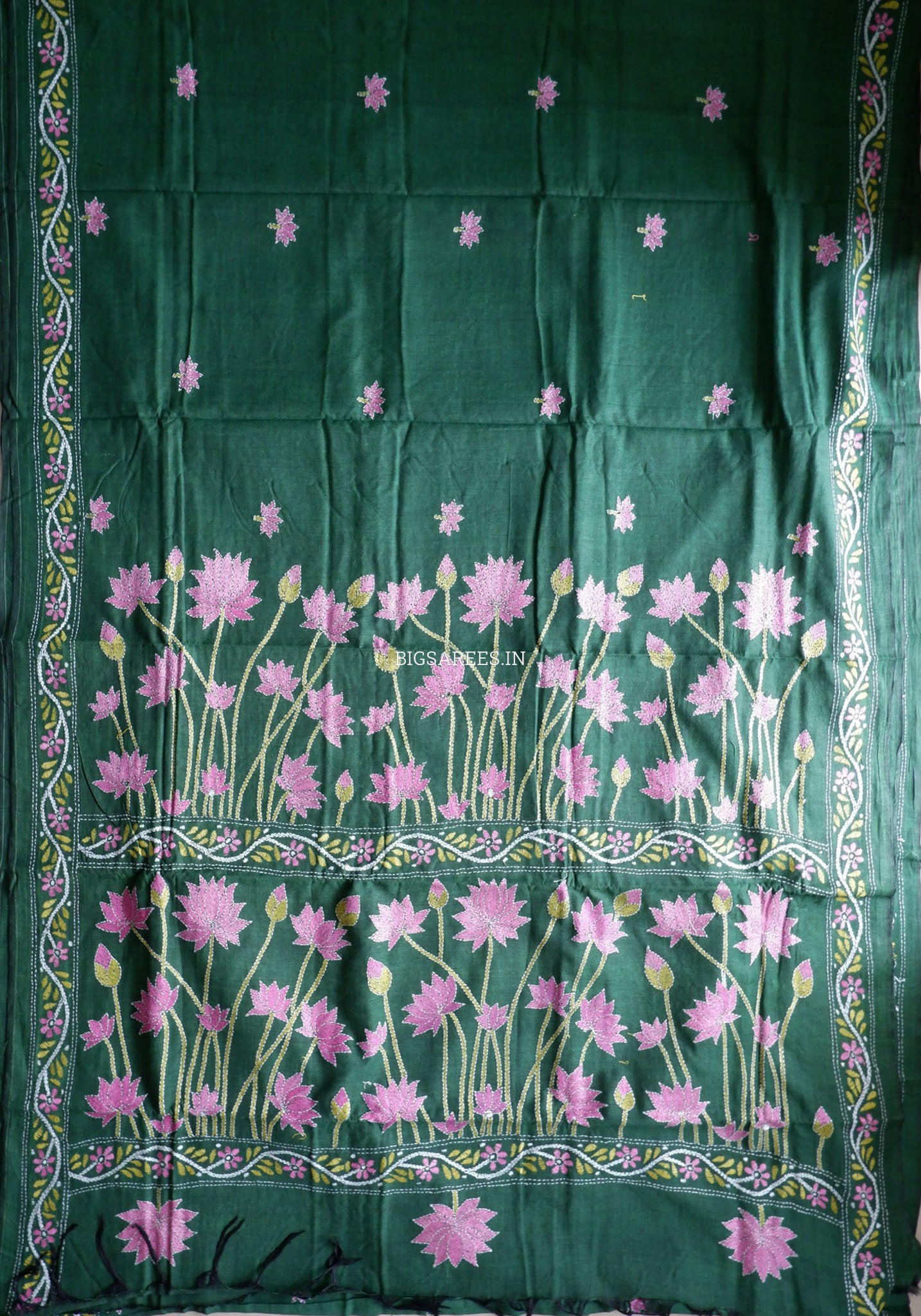Kantha Hand-Embroidered Saree | Pure Khadi Cotton | Dark Green