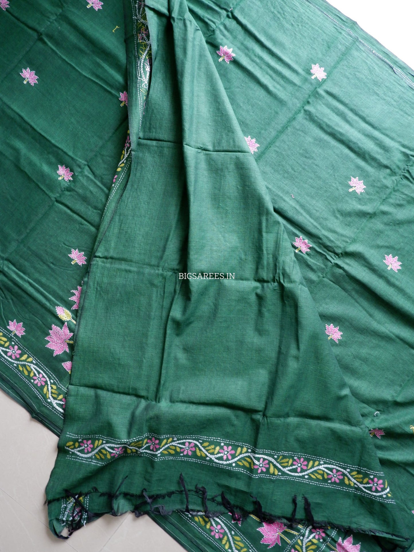 Kantha Hand-Embroidered Saree | Pure Khadi Cotton | Dark Green