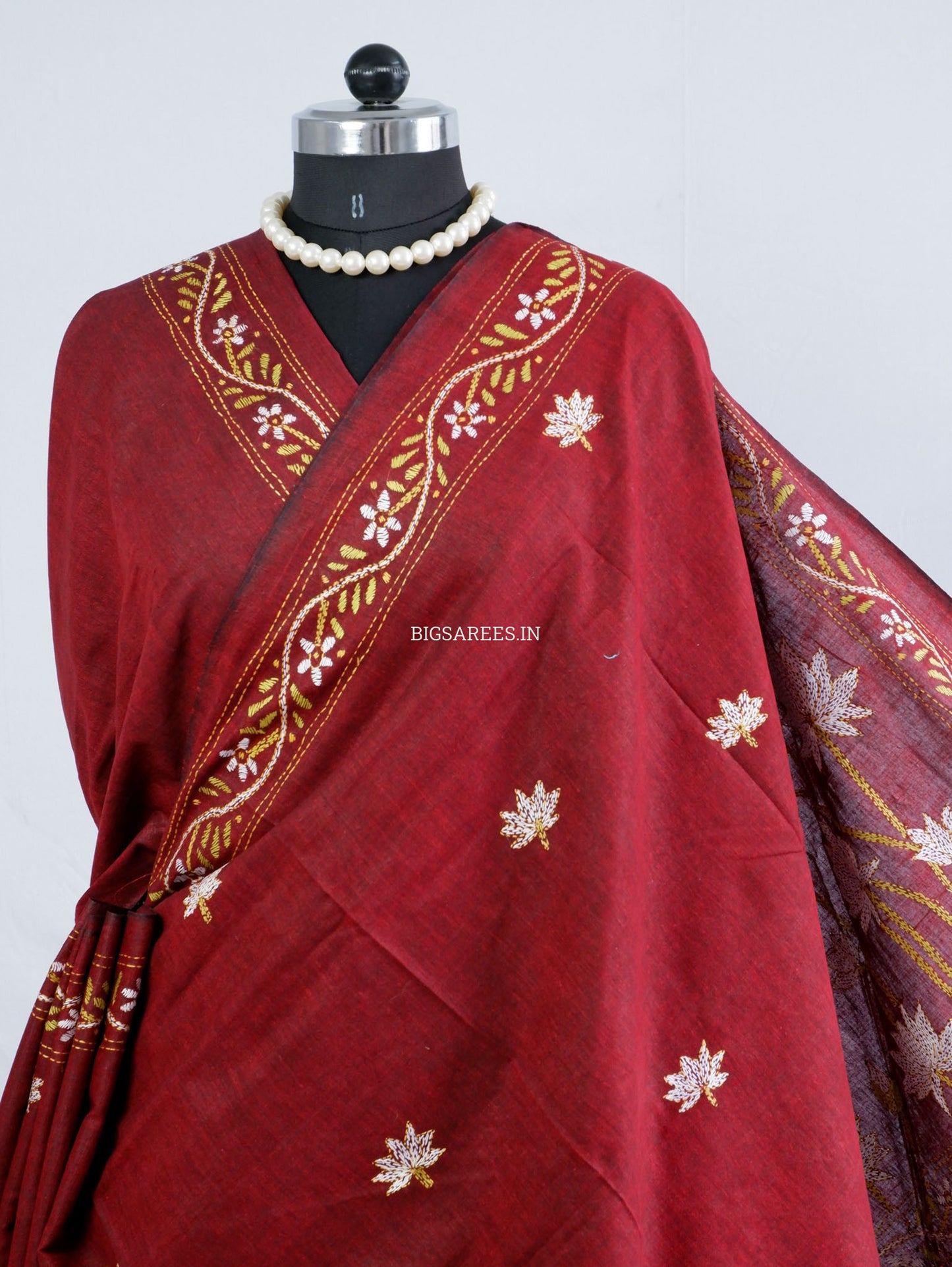 Kantha Hand-Embroidered Saree | Pure Khadi Cotton | Maroon