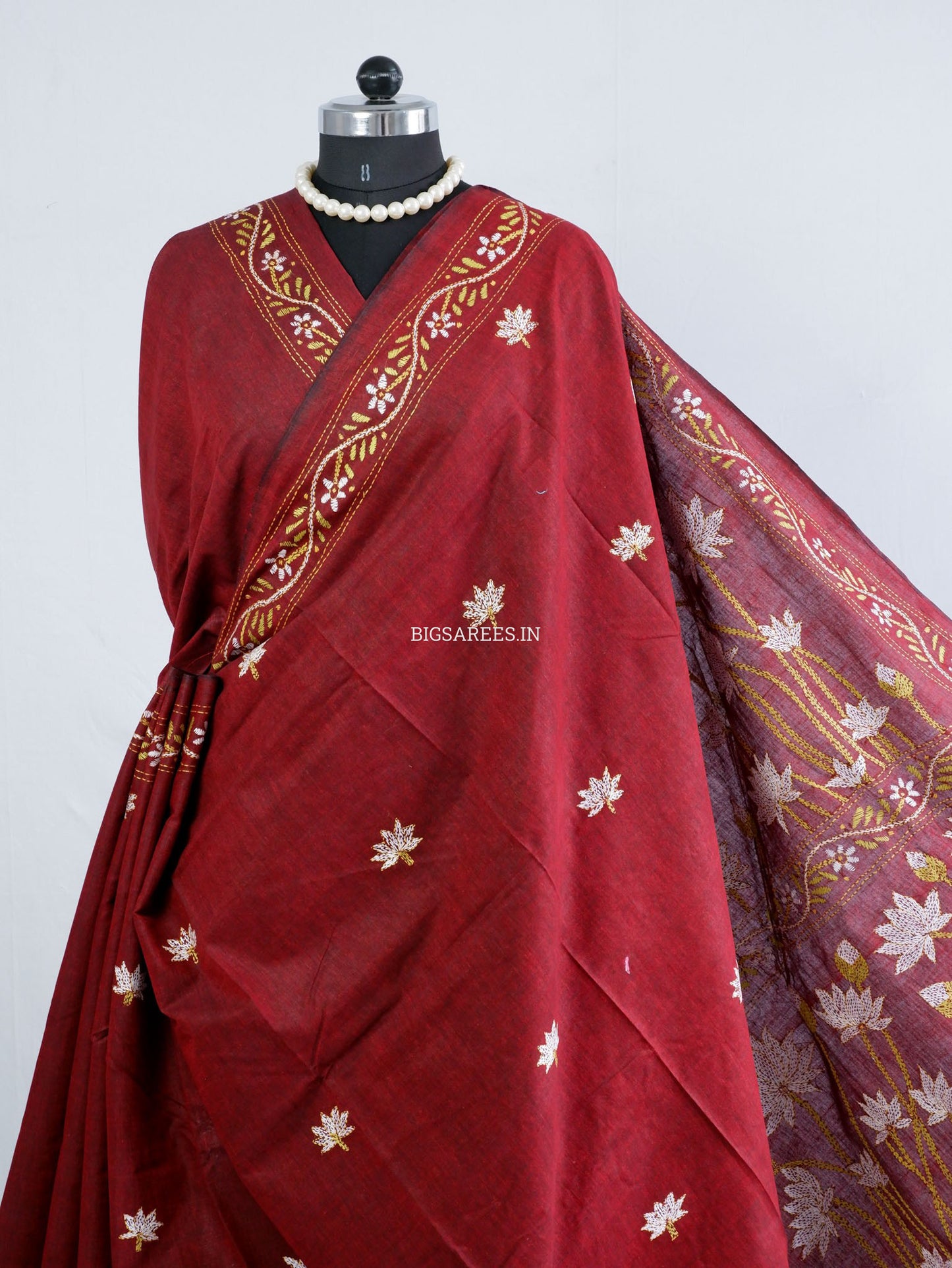 Kantha Hand-Embroidered Saree | Pure Khadi Cotton | Maroon