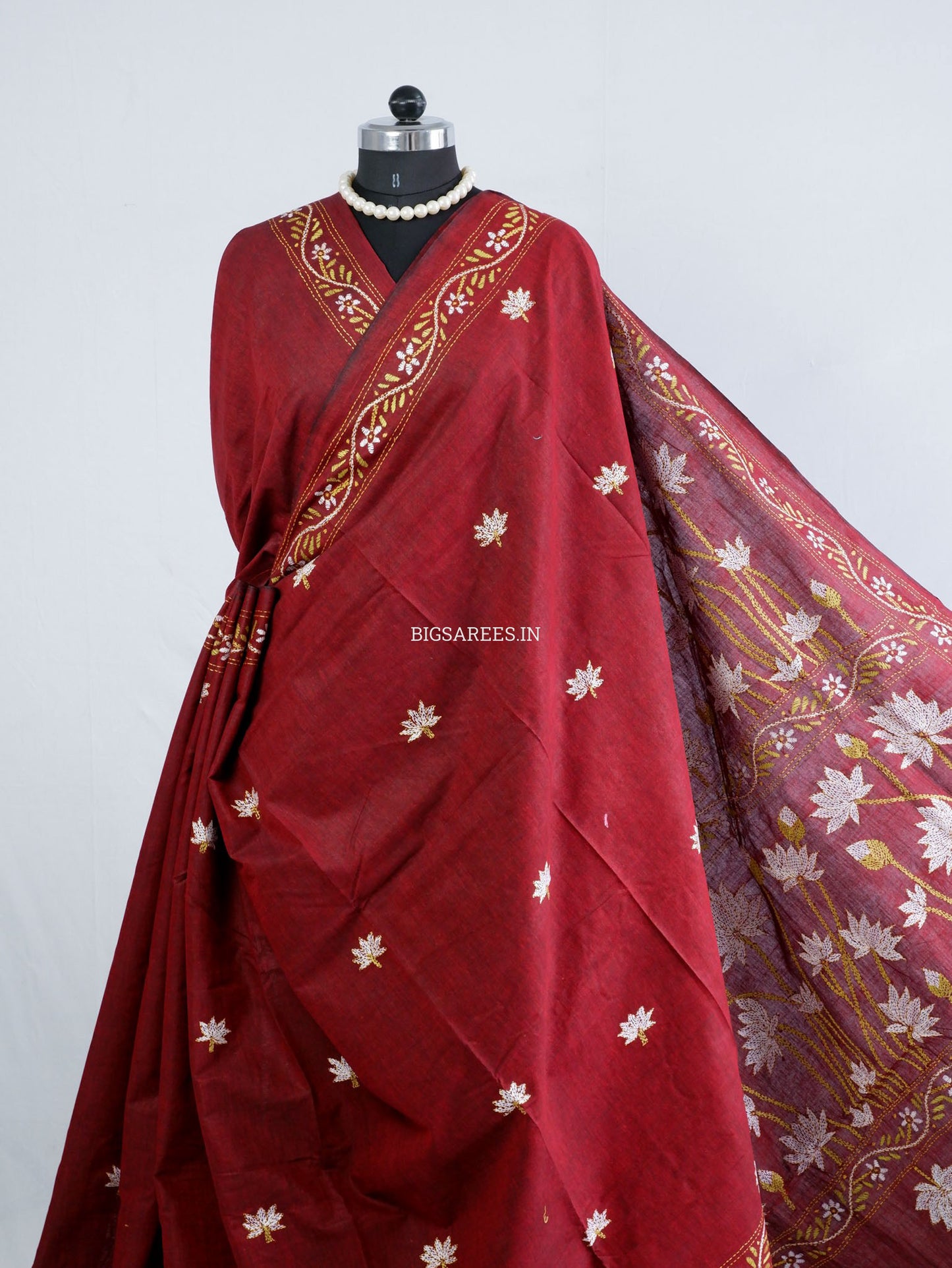 Kantha Hand-Embroidered Saree | Pure Khadi Cotton | Maroon