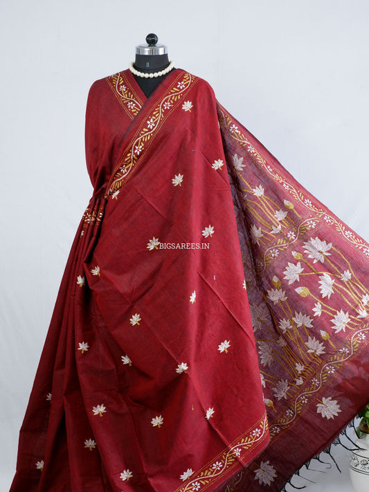 Kantha Hand-Embroidered Saree | Pure Khadi Cotton | Maroon