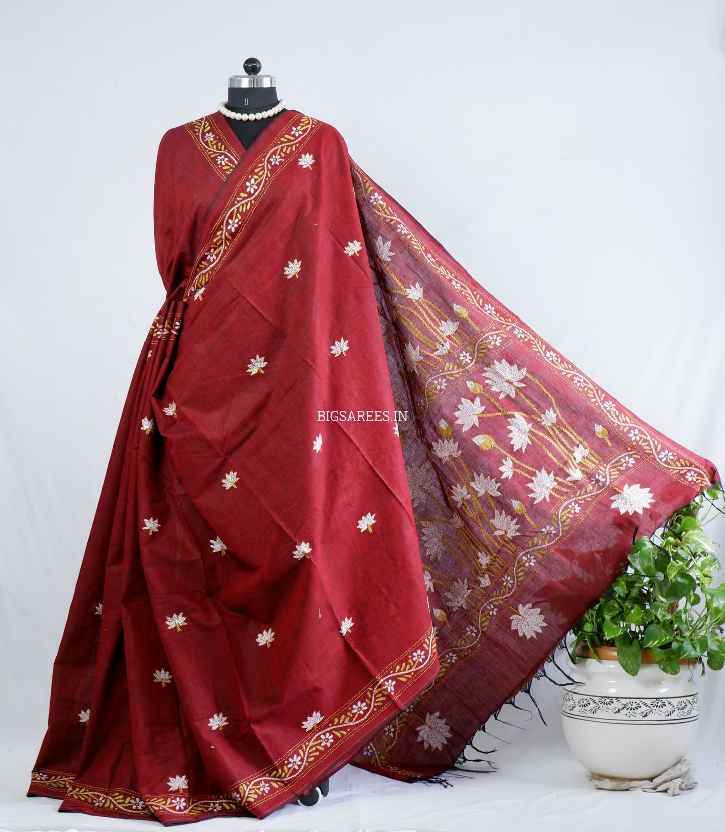 Kantha Hand-Embroidered Saree | Pure Khadi Cotton | Maroon