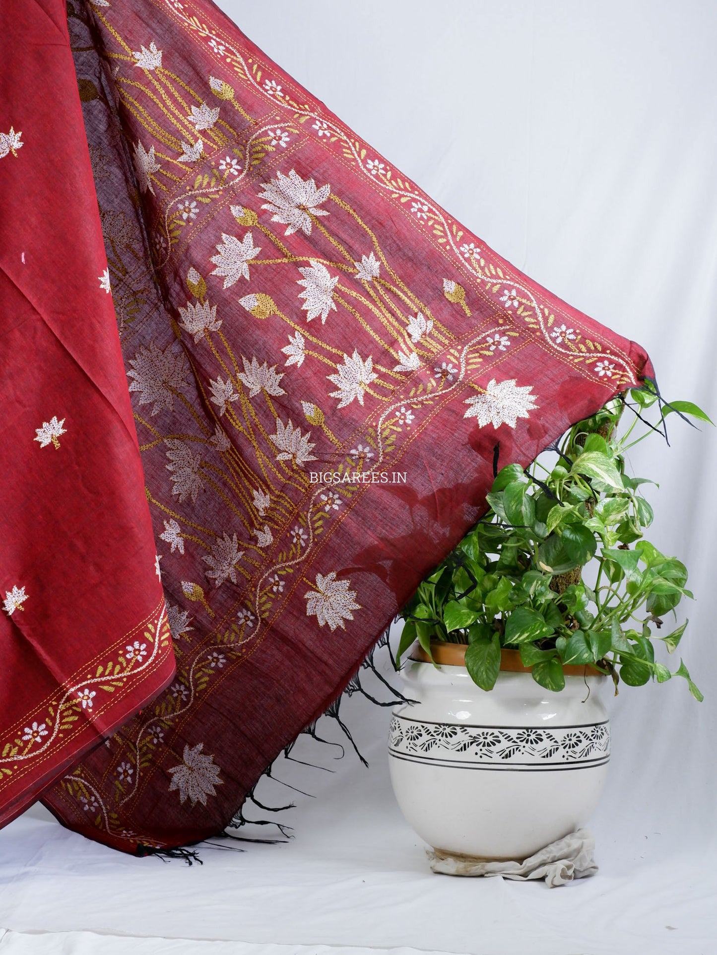 Kantha Hand-Embroidered Saree | Pure Khadi Cotton | Maroon