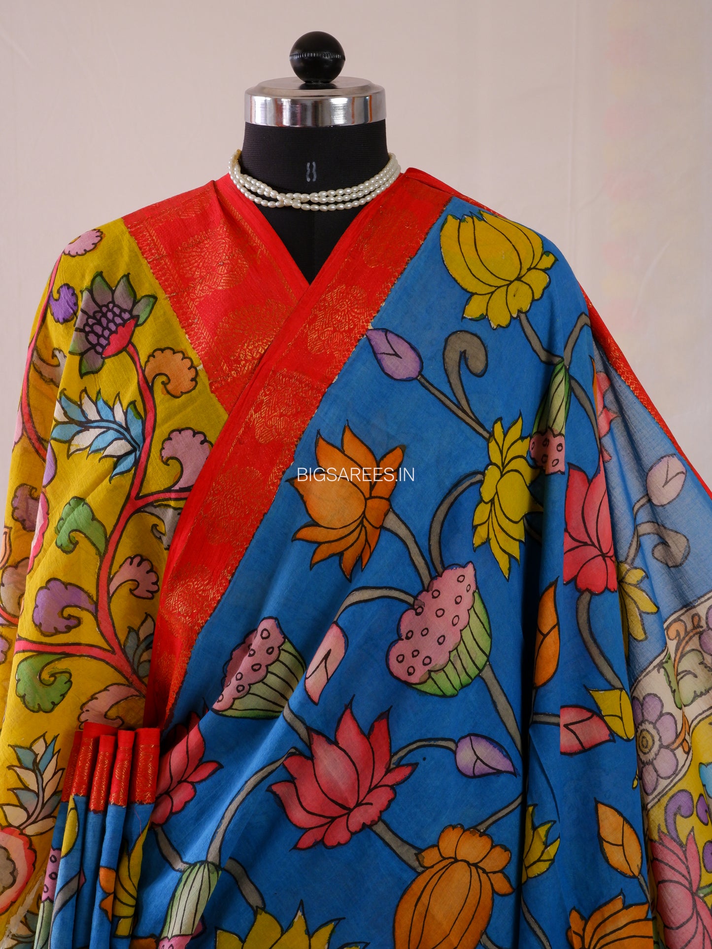 Pen Kalamkari Cotton Saree with Running Blouse | Hand-Painted | Blue