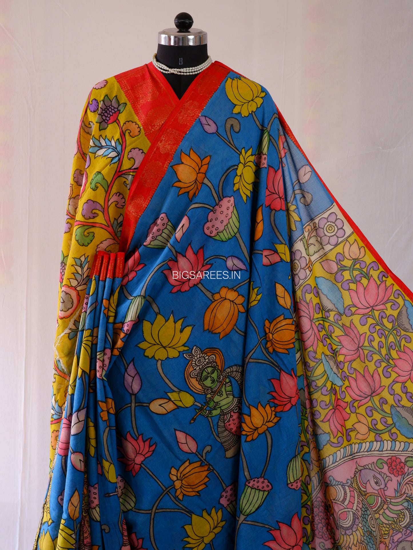 Pen Kalamkari Cotton Saree with Running Blouse | Hand-Painted | Blue