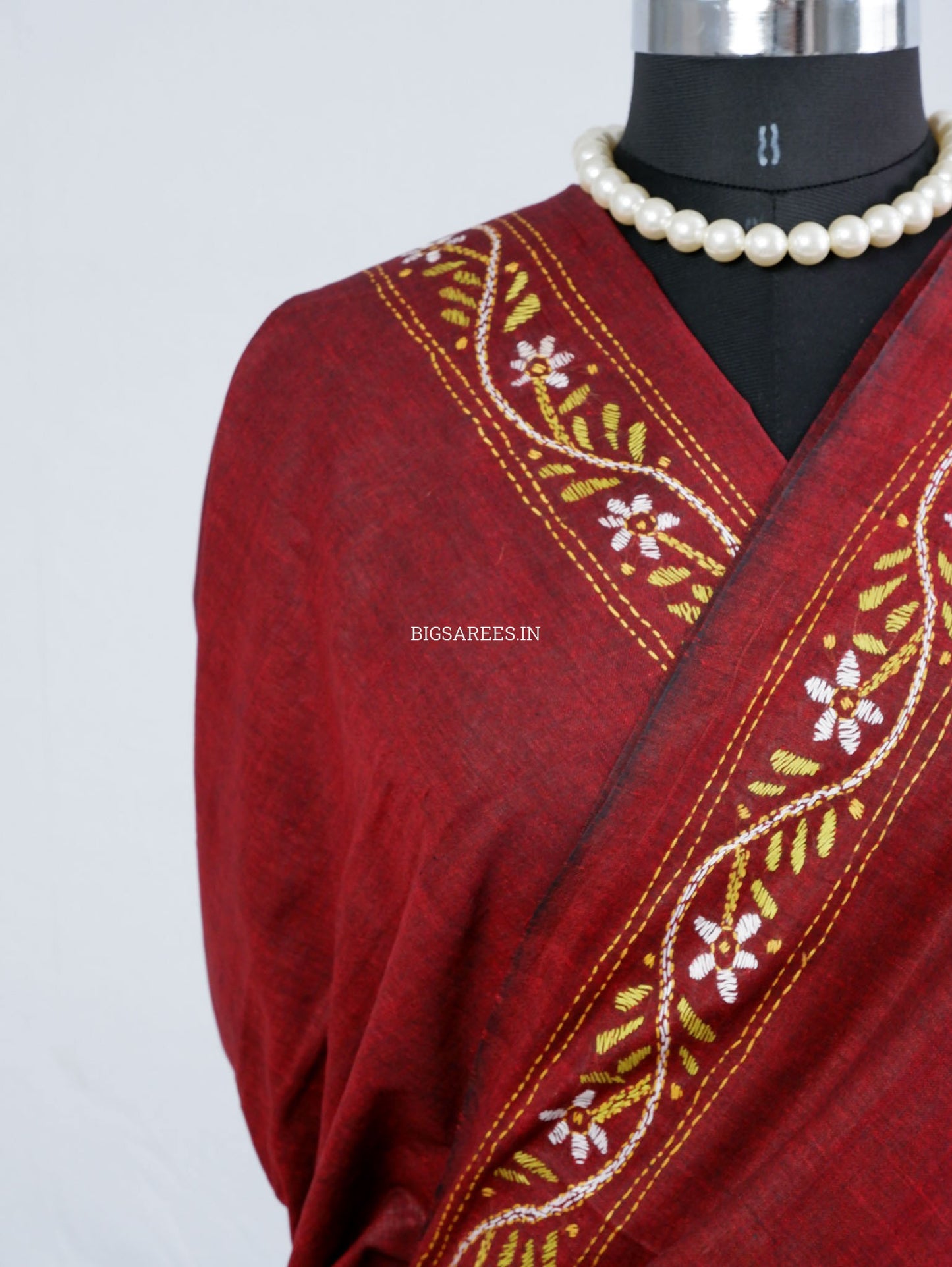 Kantha Hand-Embroidered Saree | Pure Khadi Cotton | Maroon