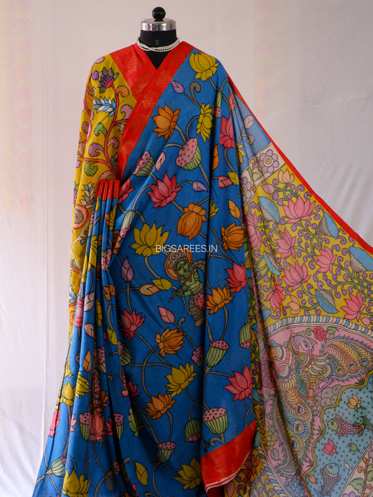 Pen Kalamkari Cotton Saree with Running Blouse | Hand-Painted | Blue