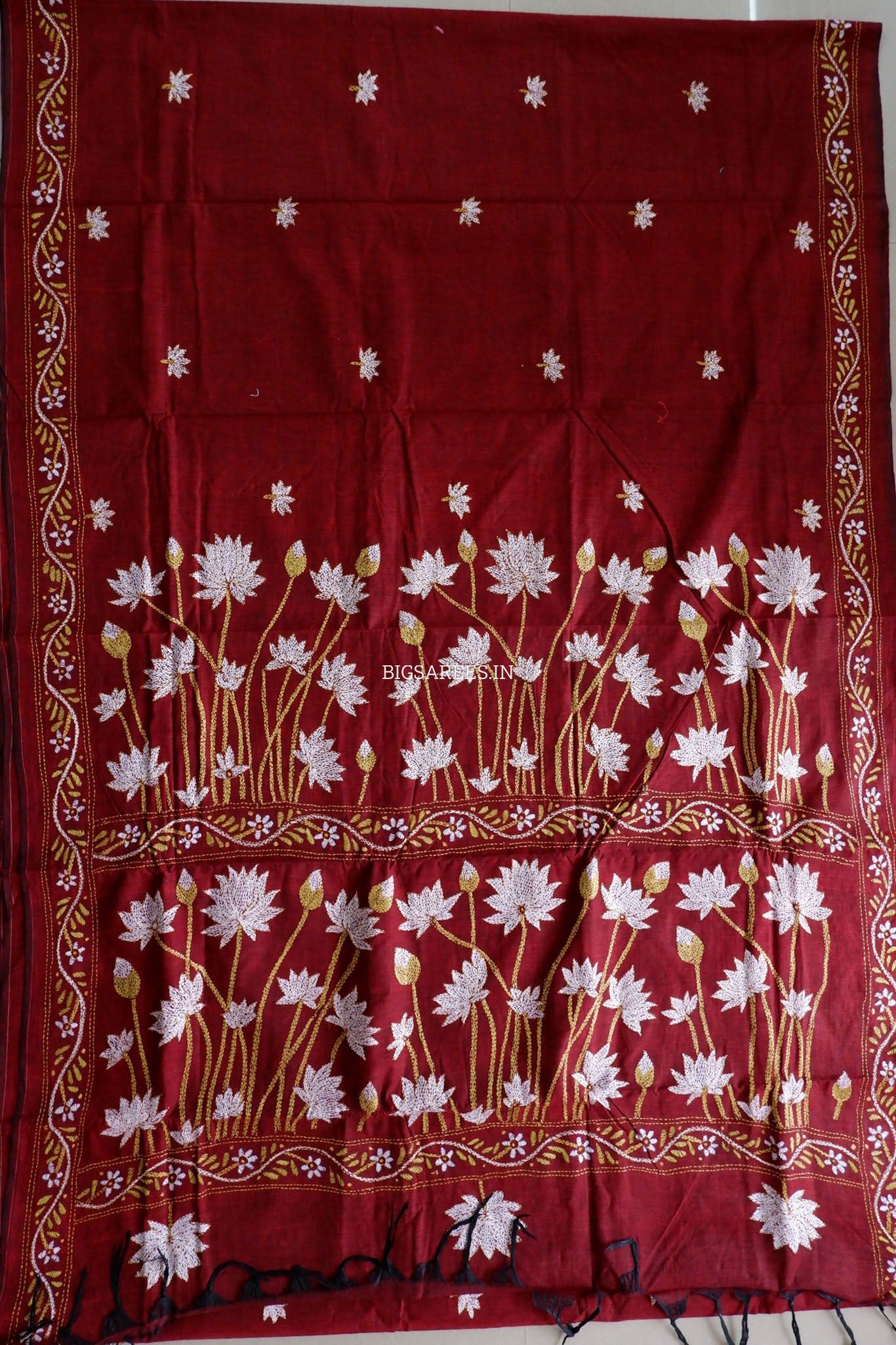Kantha Hand-Embroidered Saree | Pure Khadi Cotton | Maroon