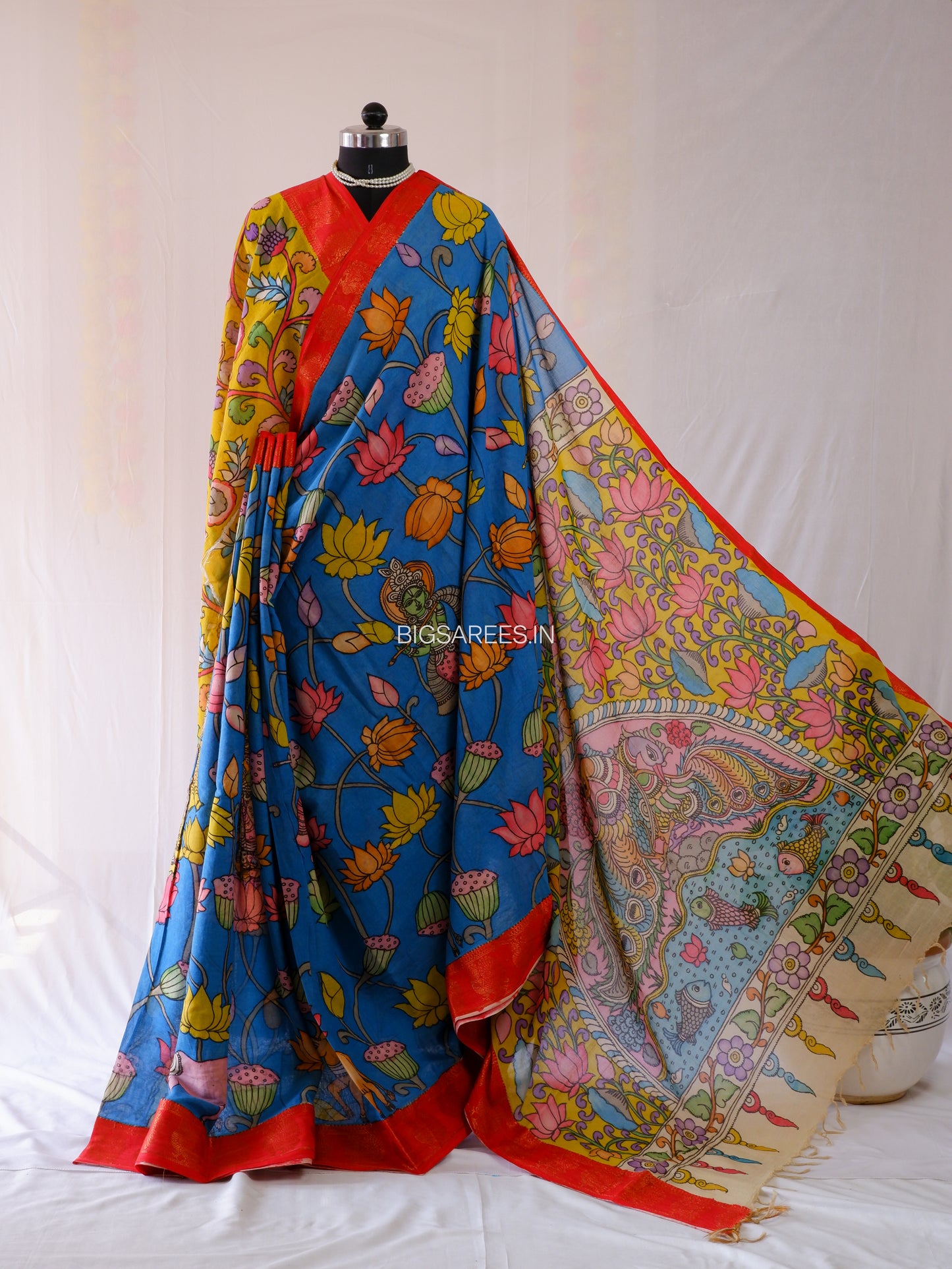 Pen Kalamkari Cotton Saree with Running Blouse | Hand-Painted | Blue