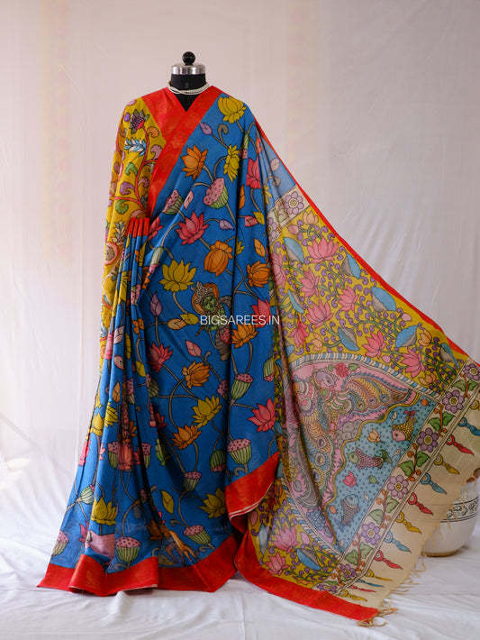 Pen Kalamkari Cotton Saree with Running Blouse | Hand-Painted | Blue