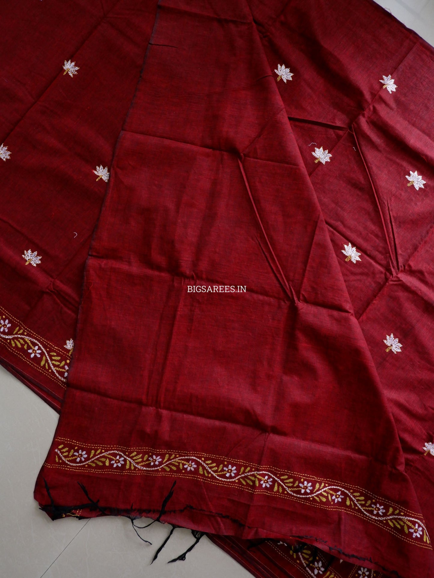 Kantha Hand-Embroidered Saree | Pure Khadi Cotton | Maroon