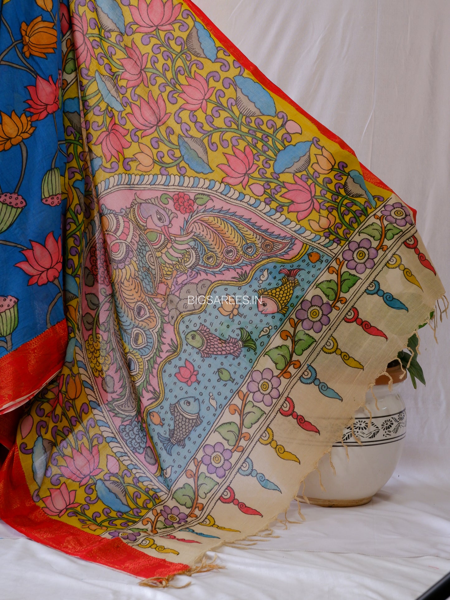 Pen Kalamkari Cotton Saree with Running Blouse | Hand-Painted | Blue