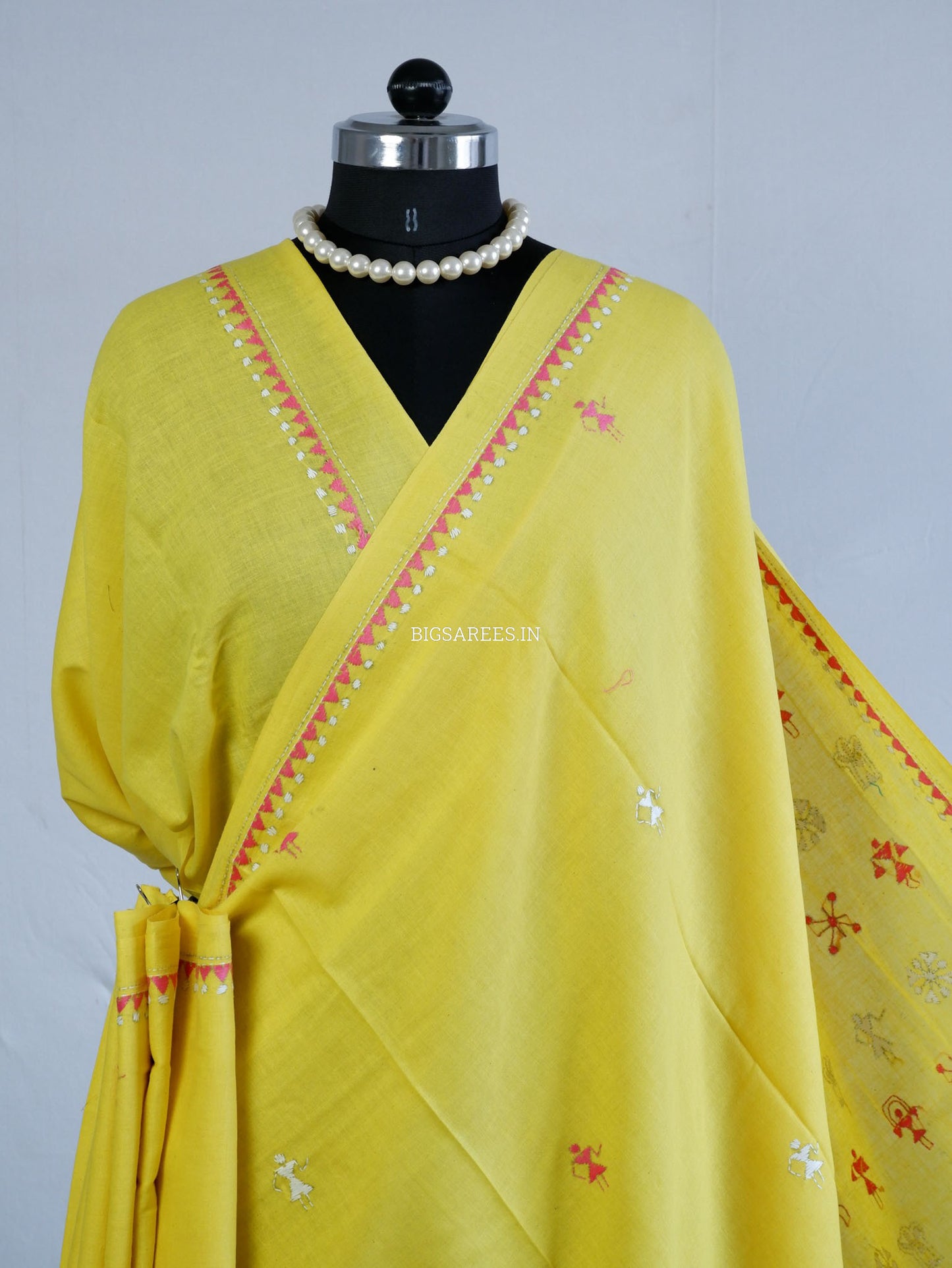 Kantha Hand-Embroidered Saree | Pure Khadi Cotton | Yellow