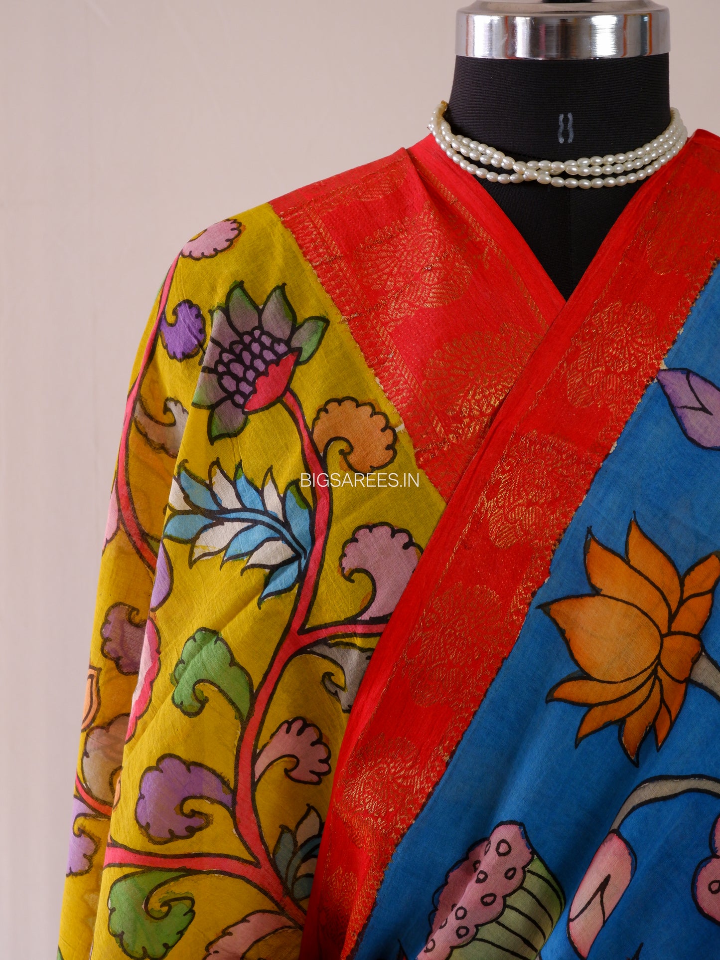 Pen Kalamkari Cotton Saree with Running Blouse | Hand-Painted | Blue