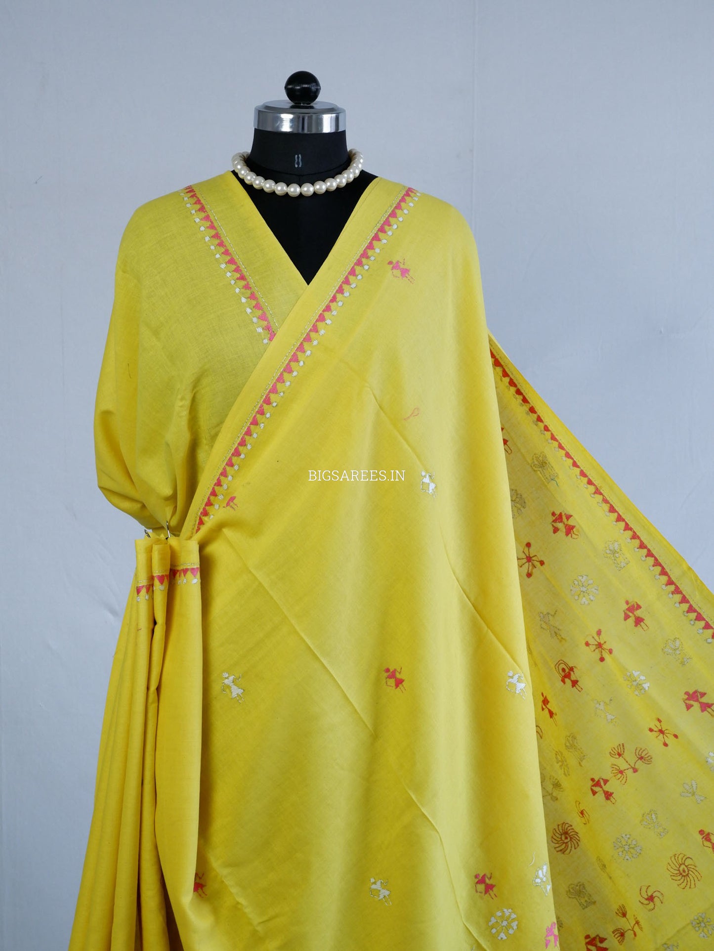 Kantha Hand-Embroidered Saree | Pure Khadi Cotton | Yellow