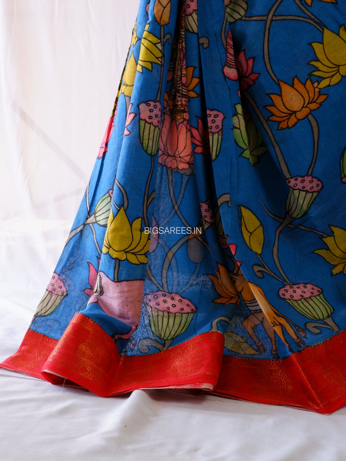 Pen Kalamkari Cotton Saree with Running Blouse | Hand-Painted | Blue