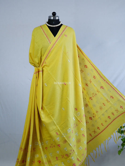 Kantha Hand-Embroidered Saree | Pure Khadi Cotton | Yellow