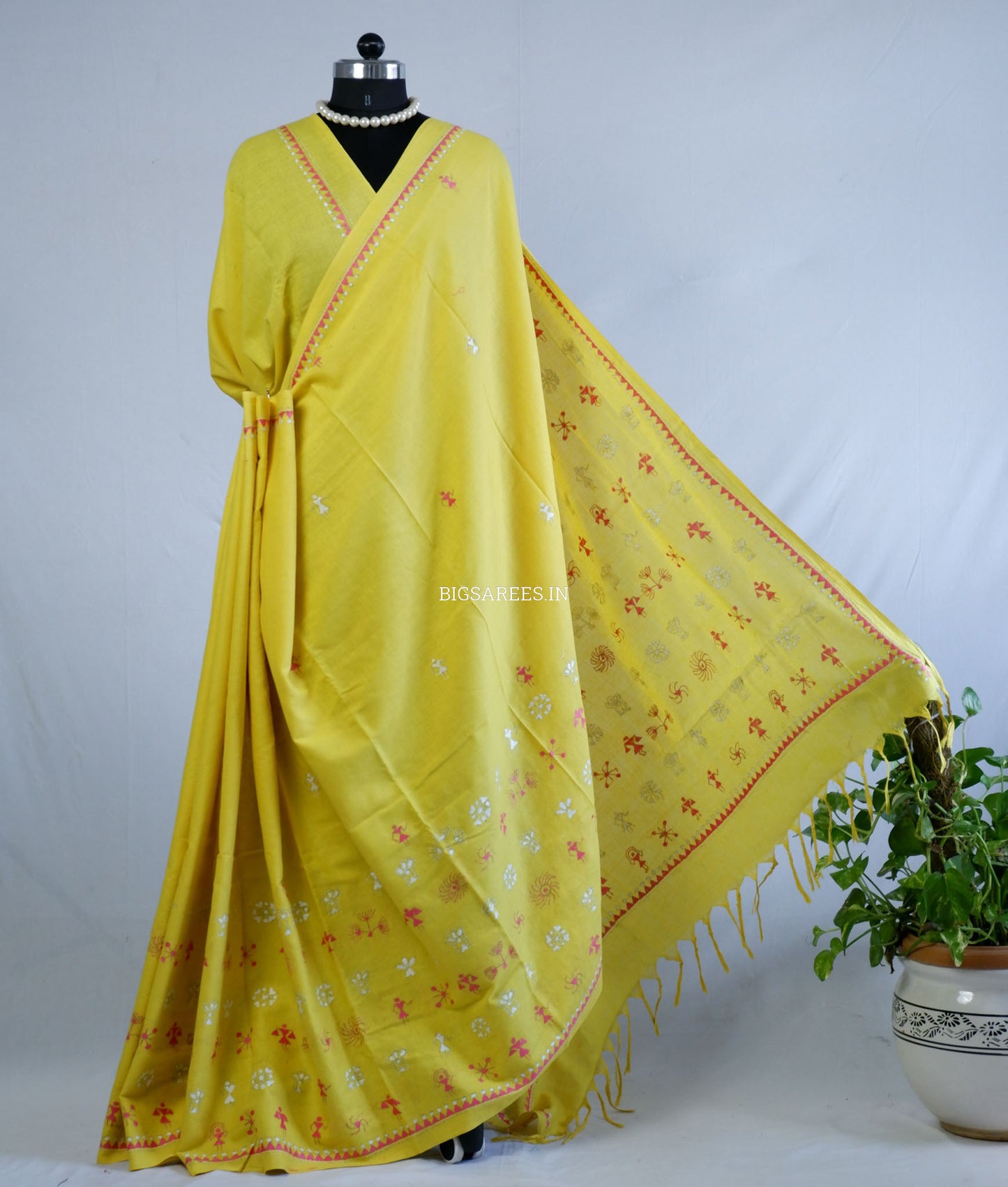 Kantha Hand-Embroidered Saree | Pure Khadi Cotton | Yellow
