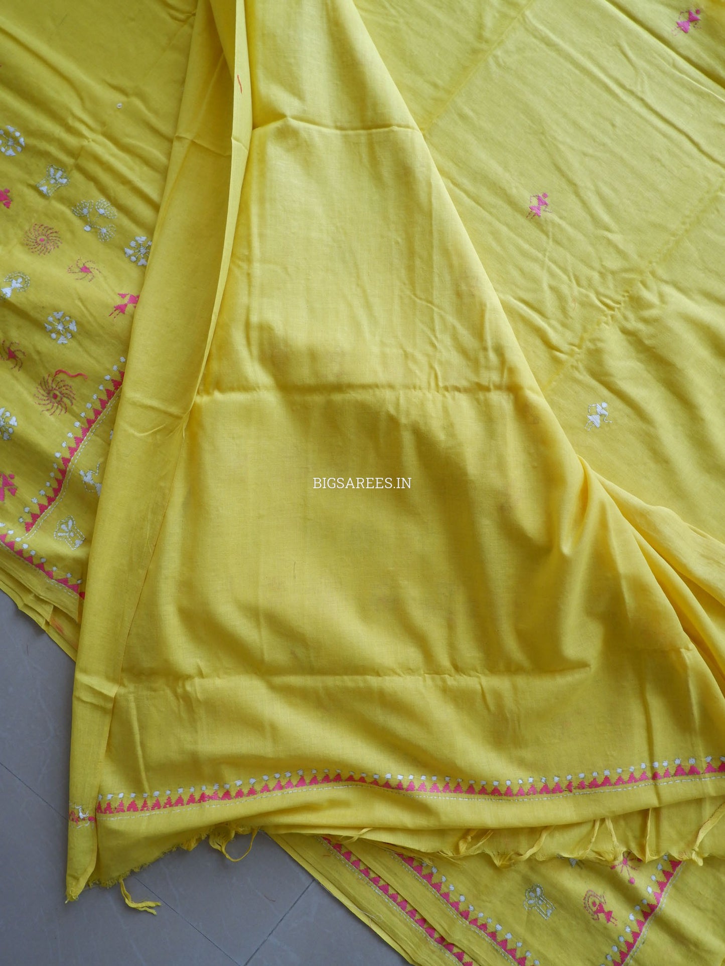 Kantha Hand-Embroidered Saree | Pure Khadi Cotton | Yellow