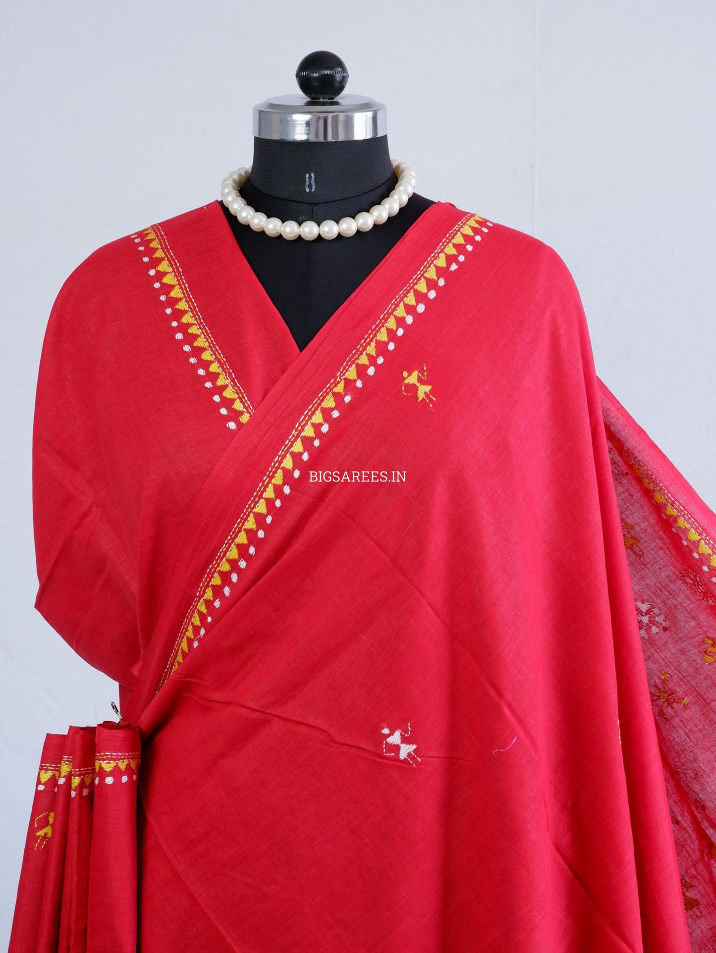 Kantha Hand-Embroidered Saree | Pure Khadi Cotton | Red
