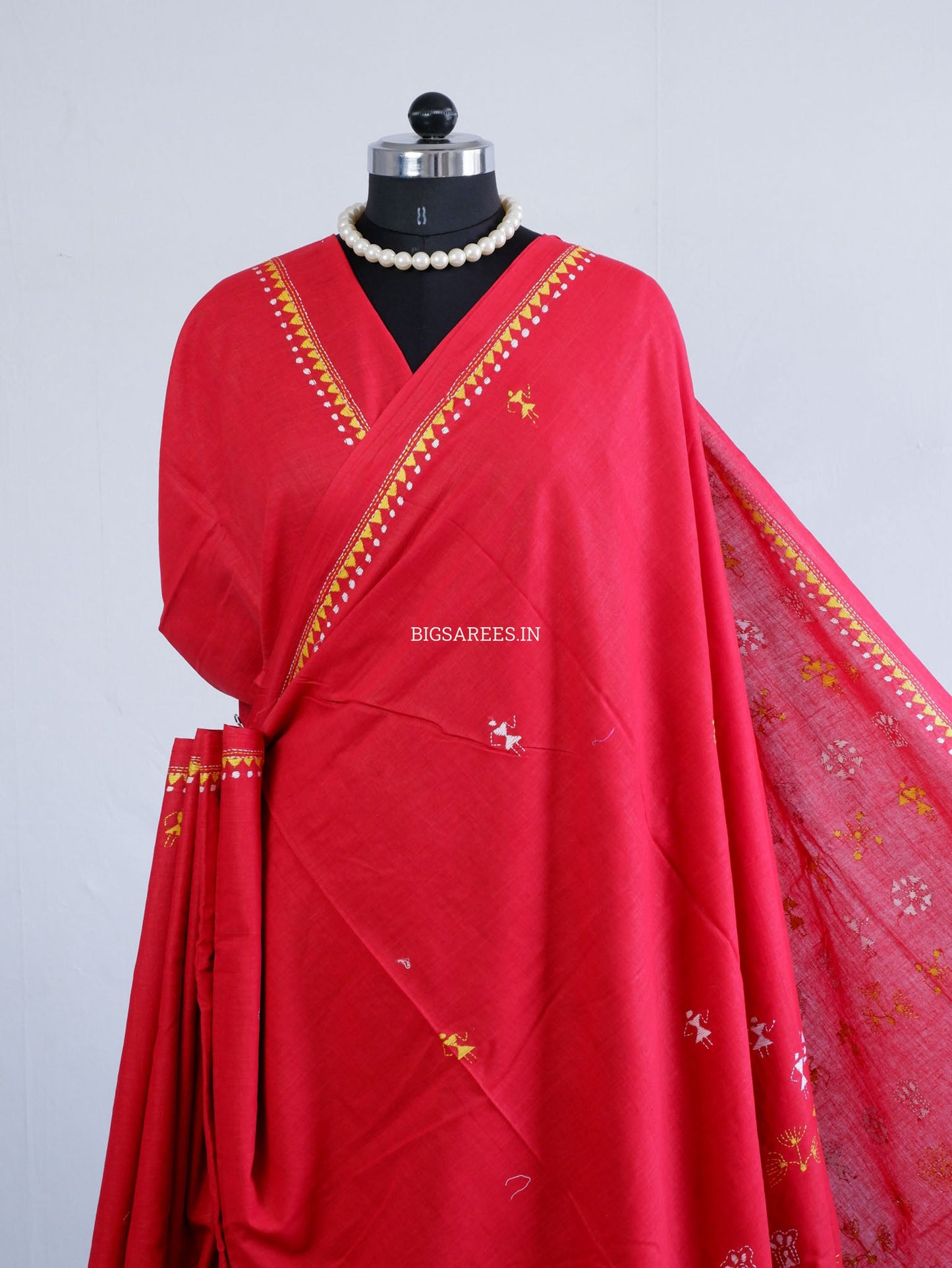 Kantha Hand-Embroidered Saree | Pure Khadi Cotton | Red