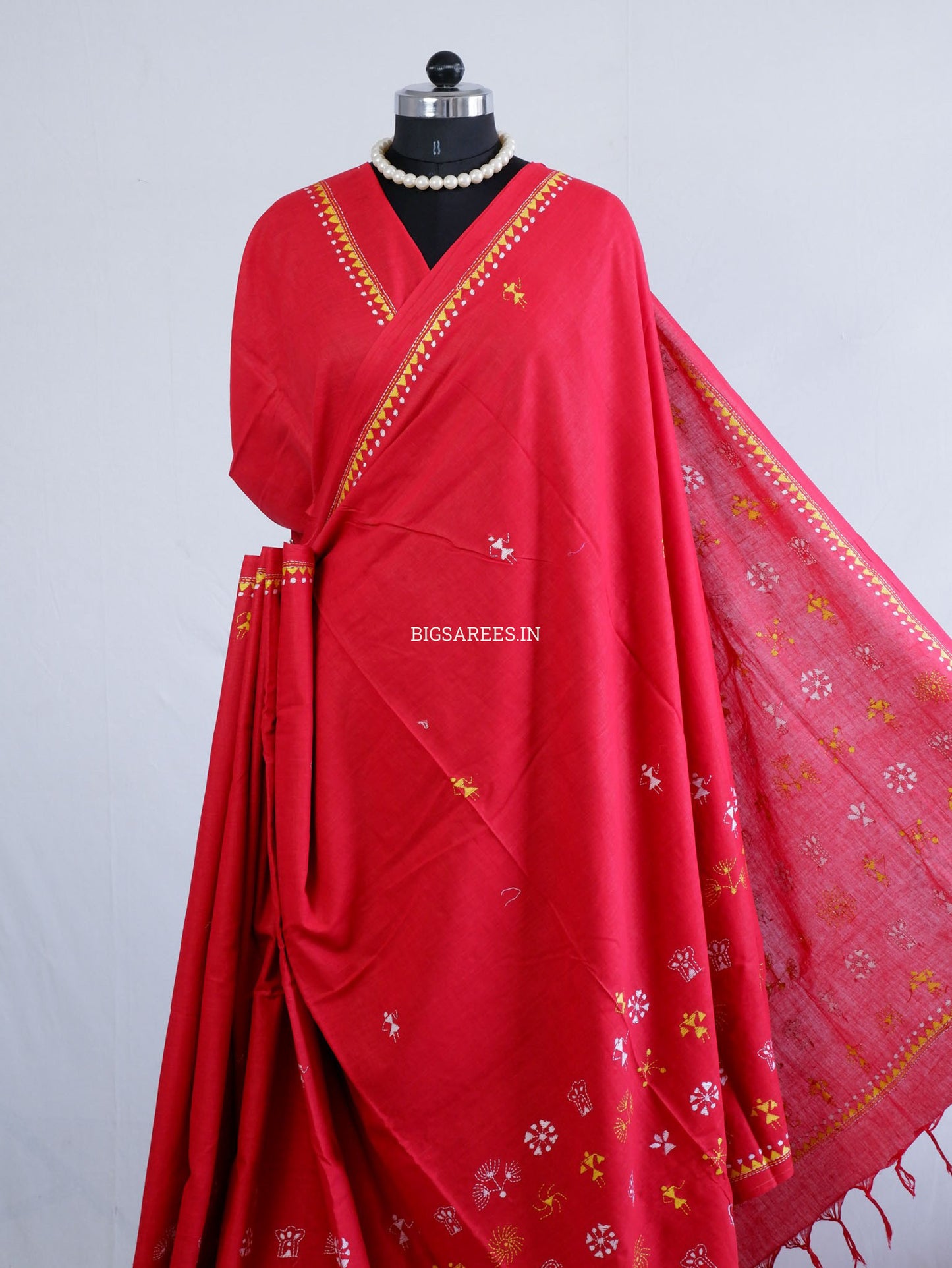 Kantha Hand-Embroidered Saree | Pure Khadi Cotton | Red