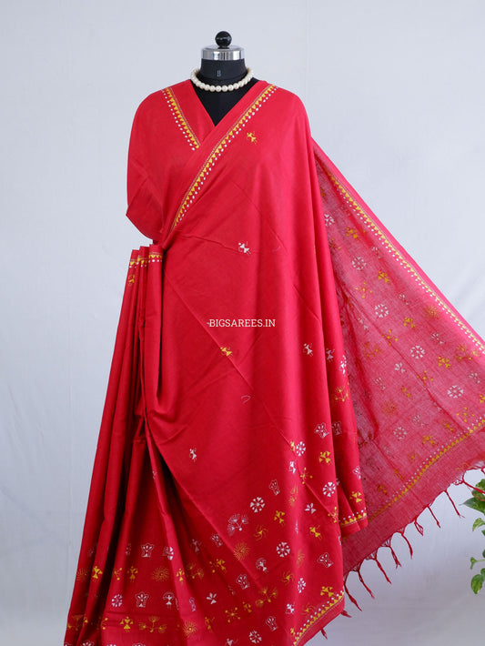 Kantha Hand-Embroidered Saree | Pure Khadi Cotton | Red