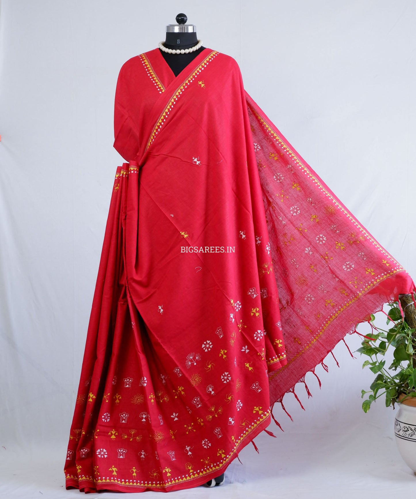 Kantha Hand-Embroidered Saree | Pure Khadi Cotton | Red