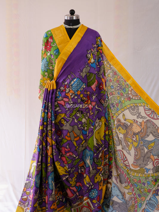 Pen Kalamkari Cotton Saree with Running Blouse | Hand-Painted | Violet