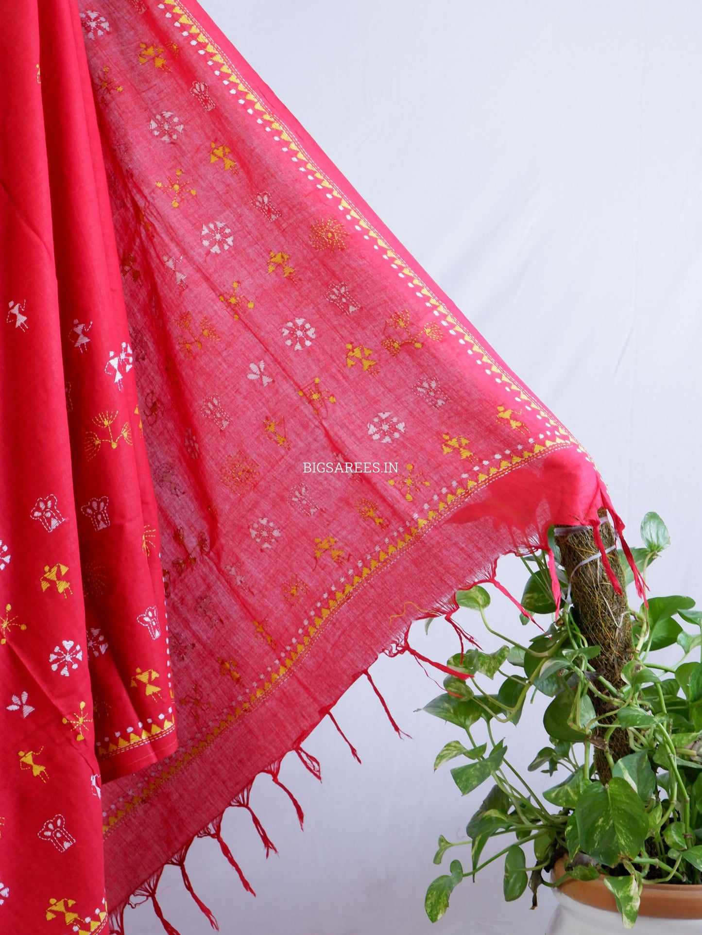 Kantha Hand-Embroidered Saree | Pure Khadi Cotton | Red