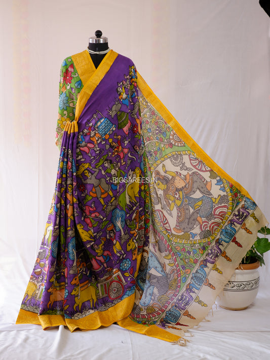 Pen Kalamkari Cotton Saree with Running Blouse | Hand-Painted | Violet
