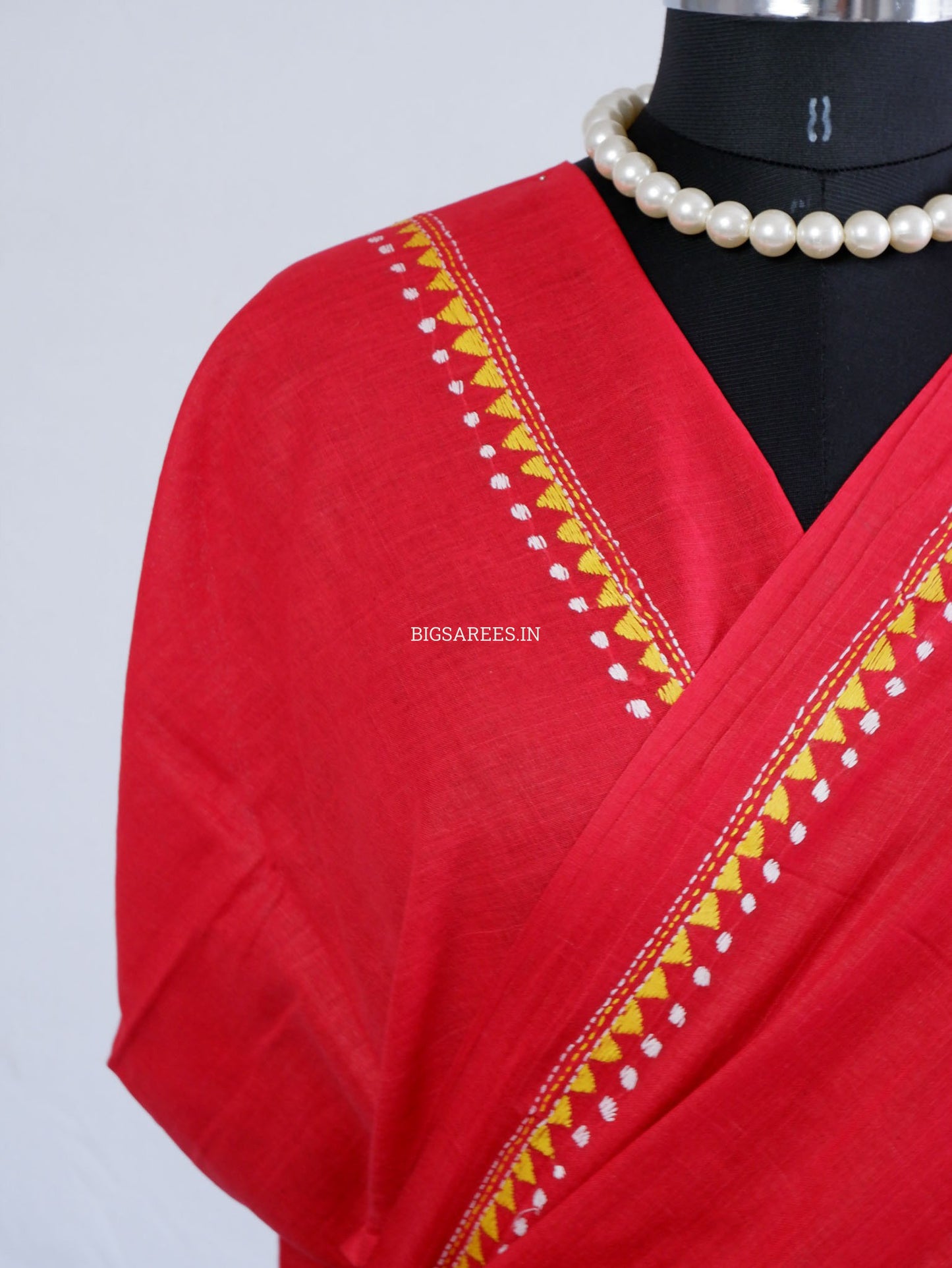 Kantha Hand-Embroidered Saree | Pure Khadi Cotton | Red