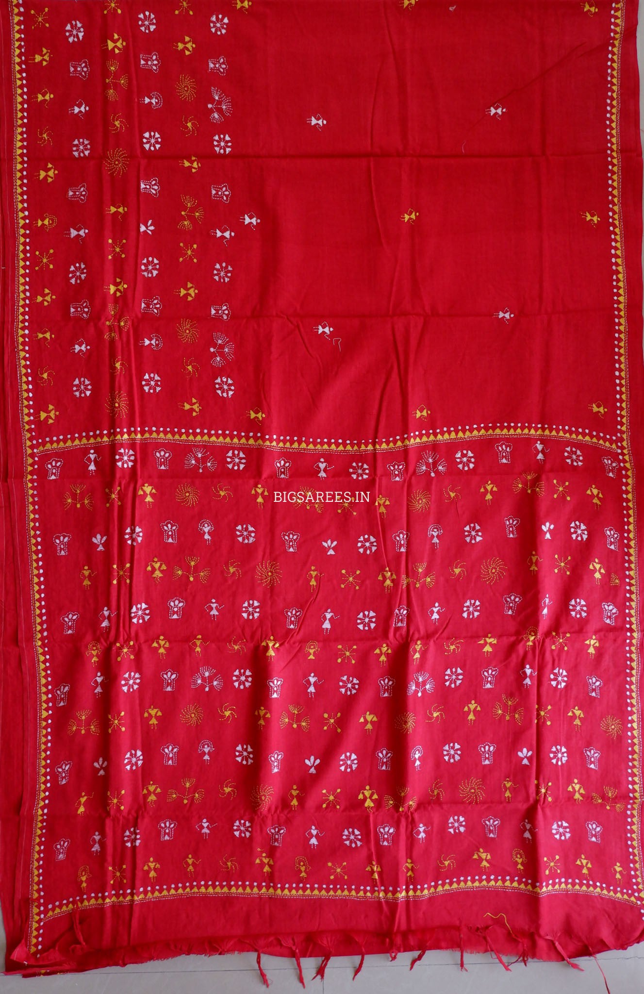Kantha Hand-Embroidered Saree | Pure Khadi Cotton | Red