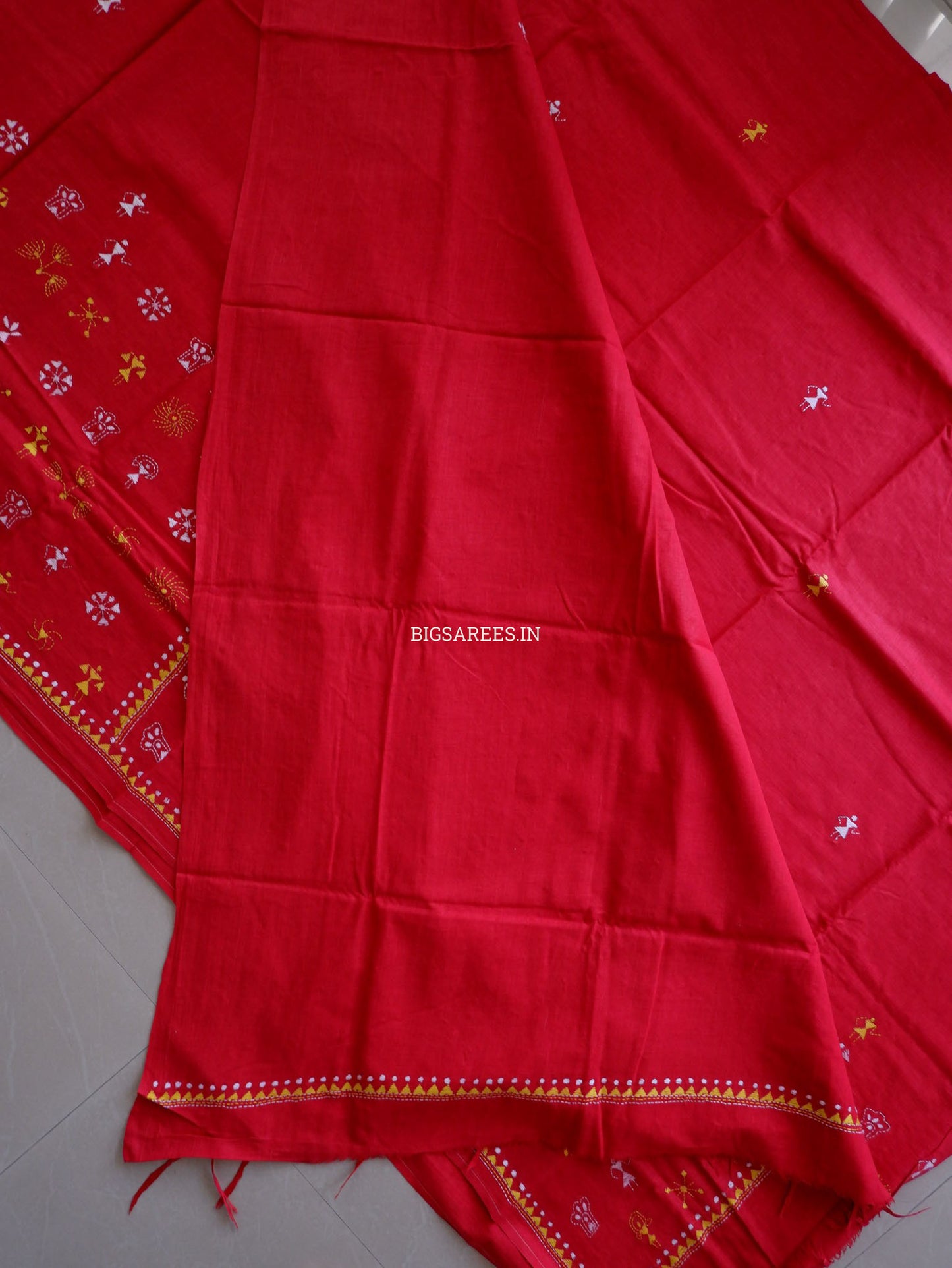 Kantha Hand-Embroidered Saree | Pure Khadi Cotton | Red