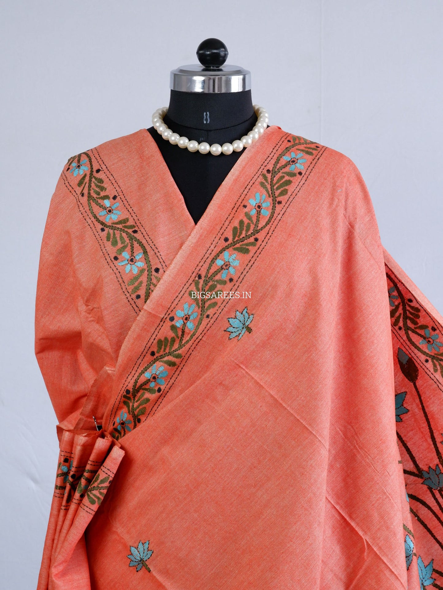 Kantha Hand-Embroidered Saree | Pure Khadi Cotton | Light Orange