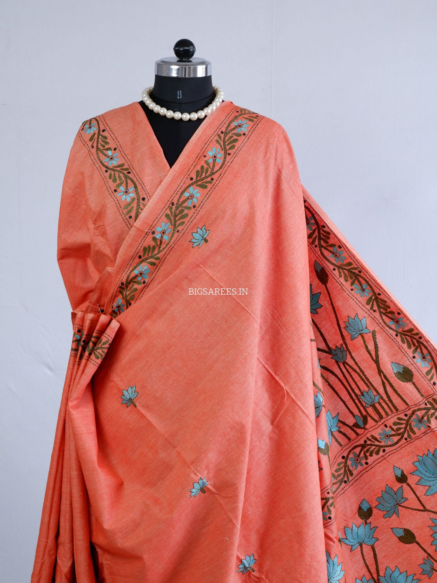 Kantha Hand-Embroidered Saree | Pure Khadi Cotton | Light Orange
