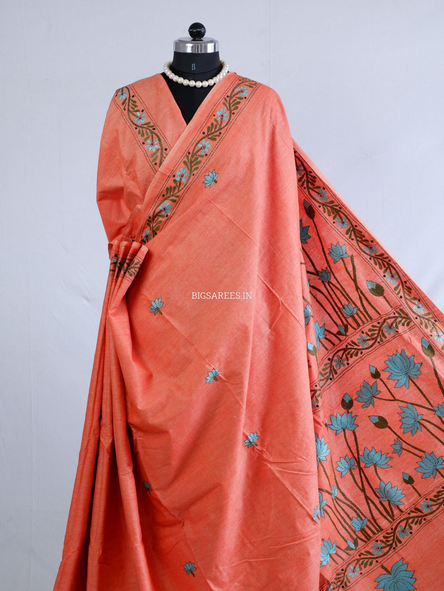 Kantha Hand-Embroidered Saree | Pure Khadi Cotton | Light Orange