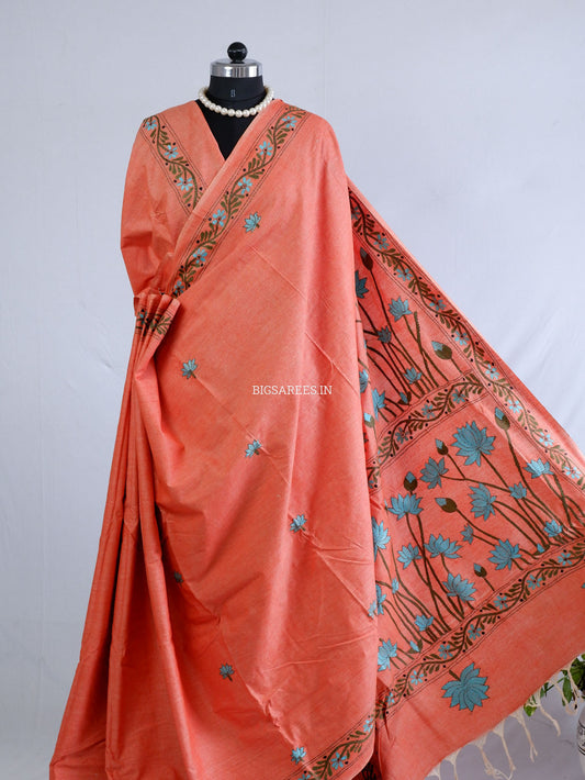 Kantha Hand-Embroidered Saree | Pure Khadi Cotton | Light Orange
