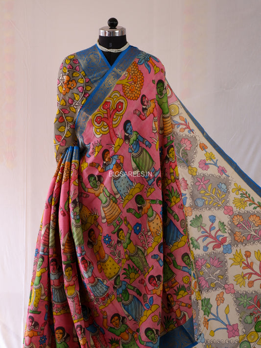 Pen Kalamkari Cotton Saree with Running Blouse | Hand-Painted | Pink