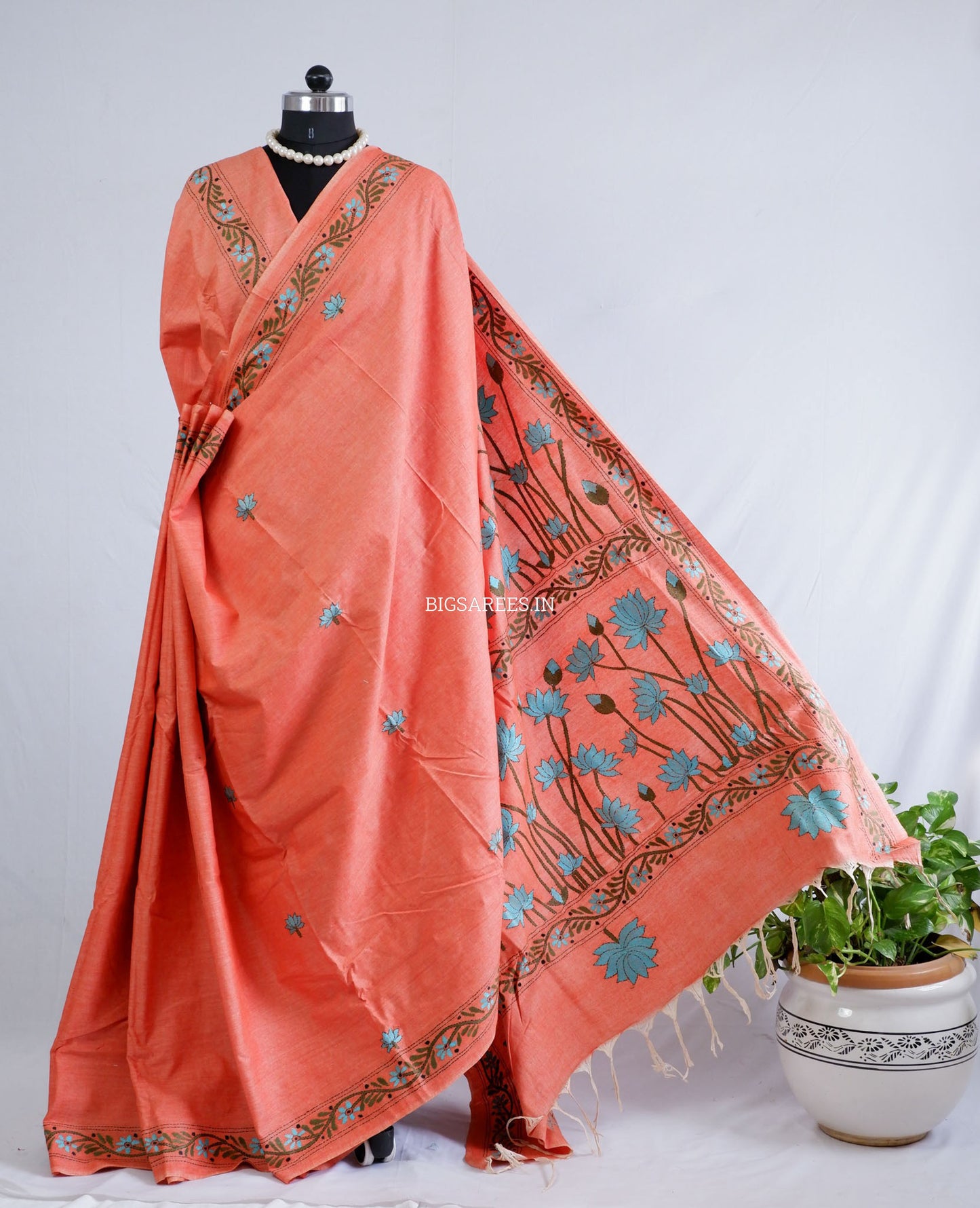 Kantha Hand-Embroidered Saree | Pure Khadi Cotton | Light Orange