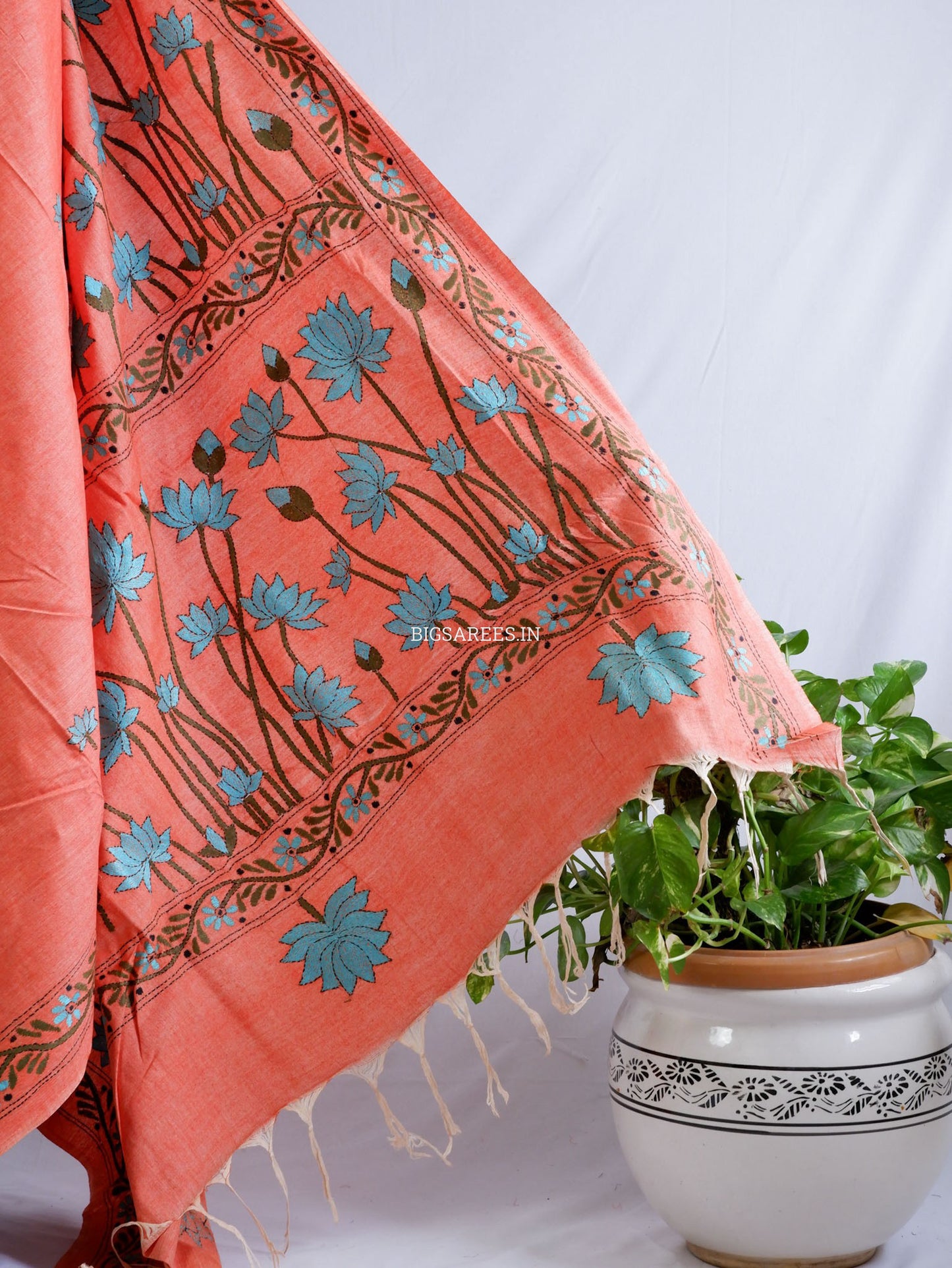 Kantha Hand-Embroidered Saree | Pure Khadi Cotton | Light Orange