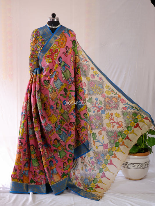 Pen Kalamkari Cotton Saree with Running Blouse | Hand-Painted | Pink
