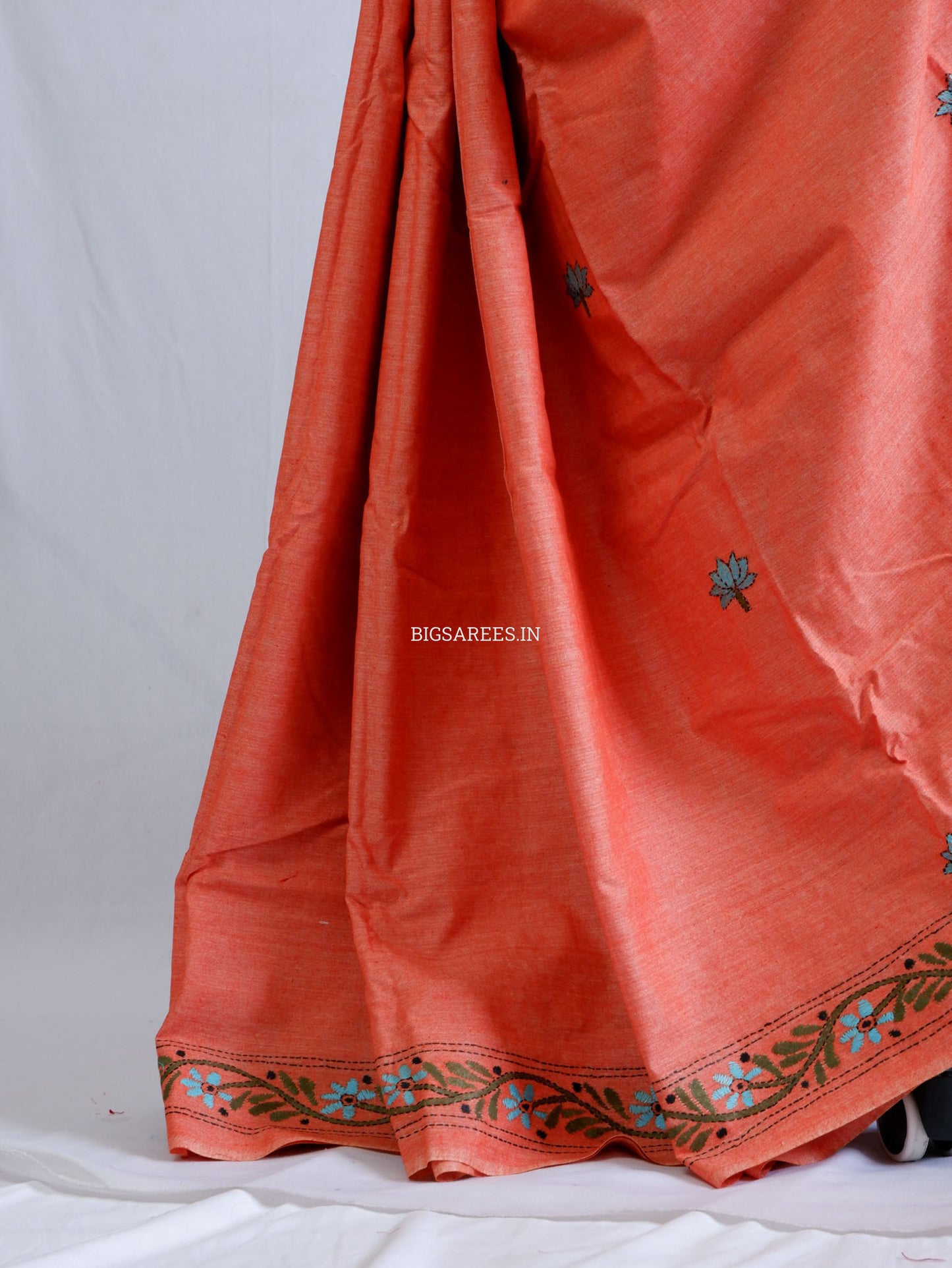 Kantha Hand-Embroidered Saree | Pure Khadi Cotton | Light Orange