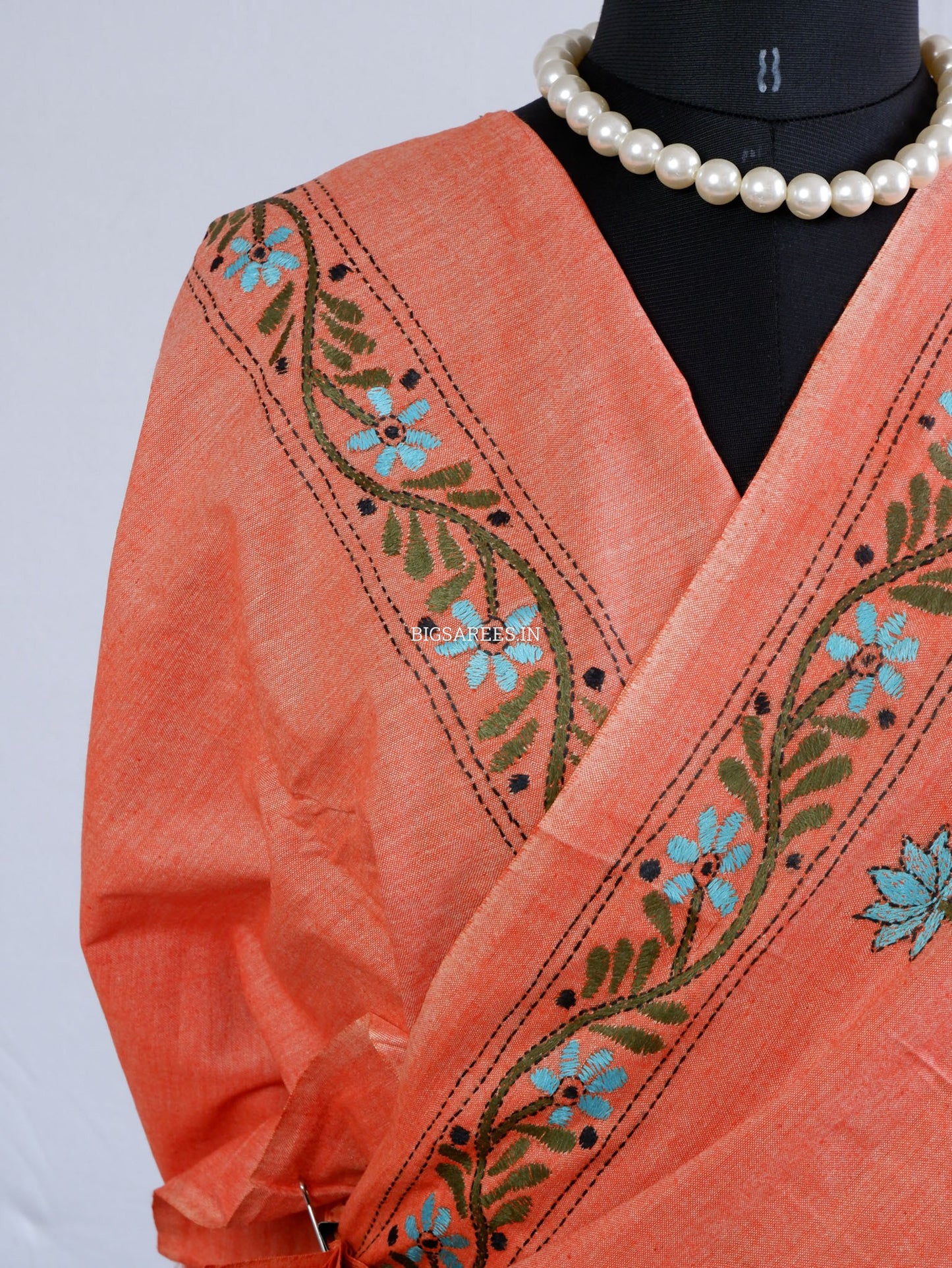 Kantha Hand-Embroidered Saree | Pure Khadi Cotton | Light Orange