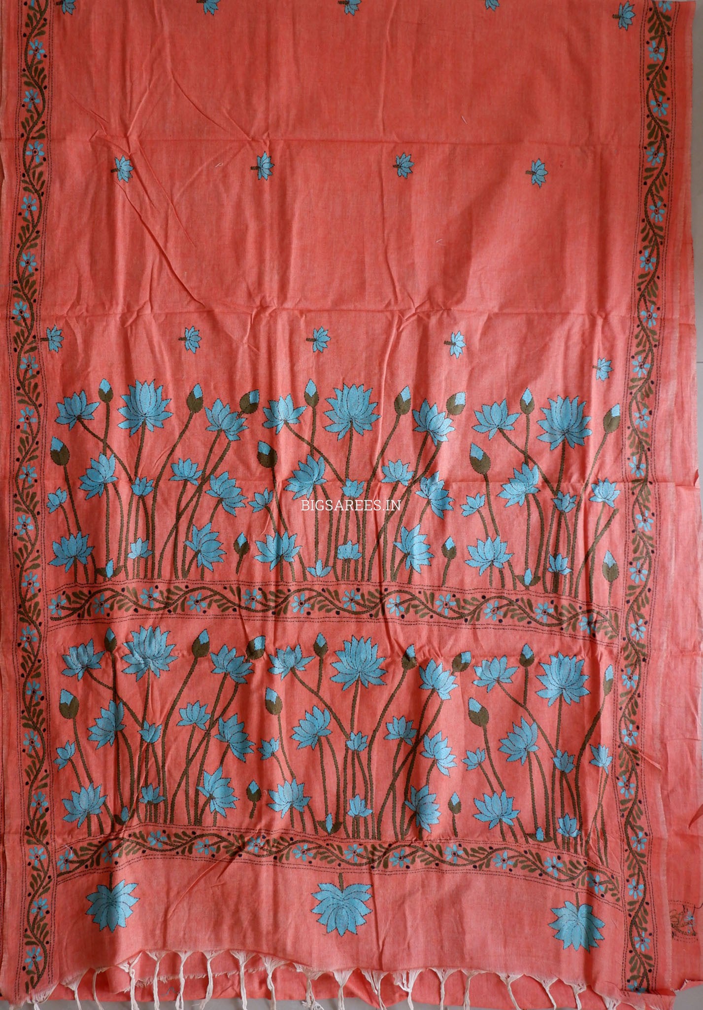 Kantha Hand-Embroidered Saree | Pure Khadi Cotton | Light Orange
