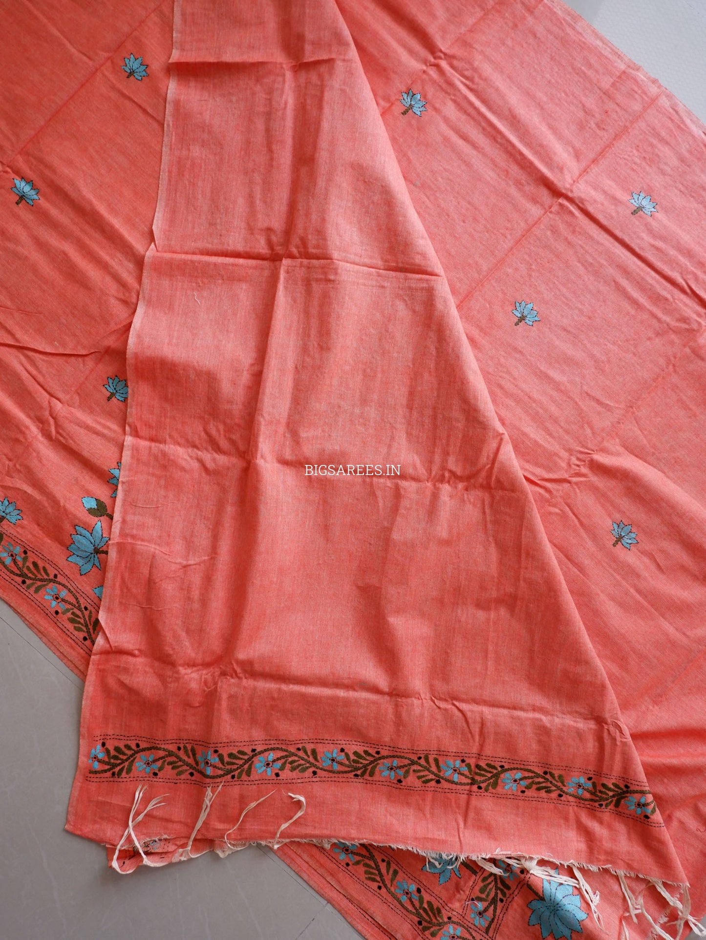 Kantha Hand-Embroidered Saree | Pure Khadi Cotton | Light Orange