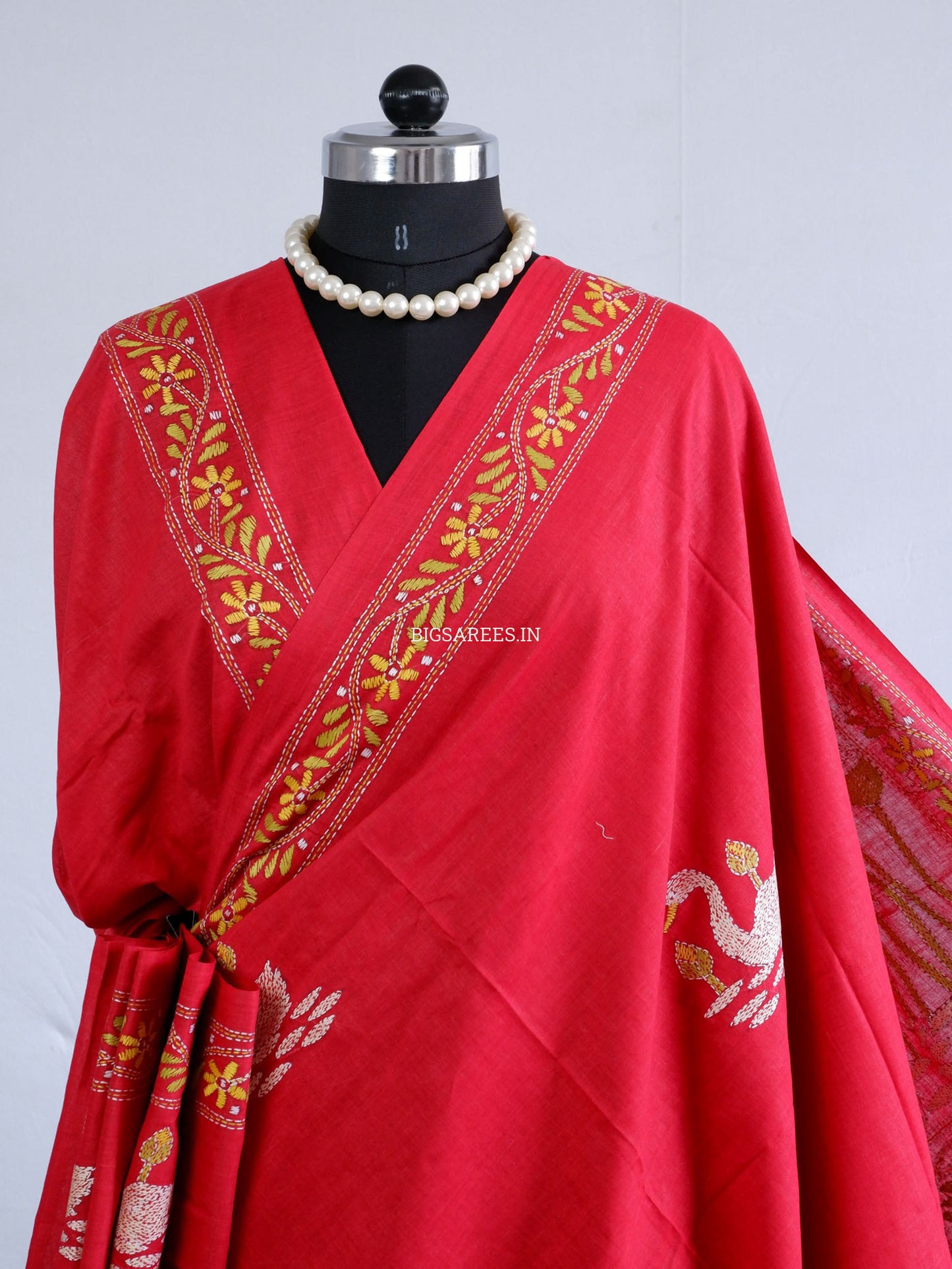 Kantha Hand-Embroidered Saree | Pure Khadi Cotton | Red