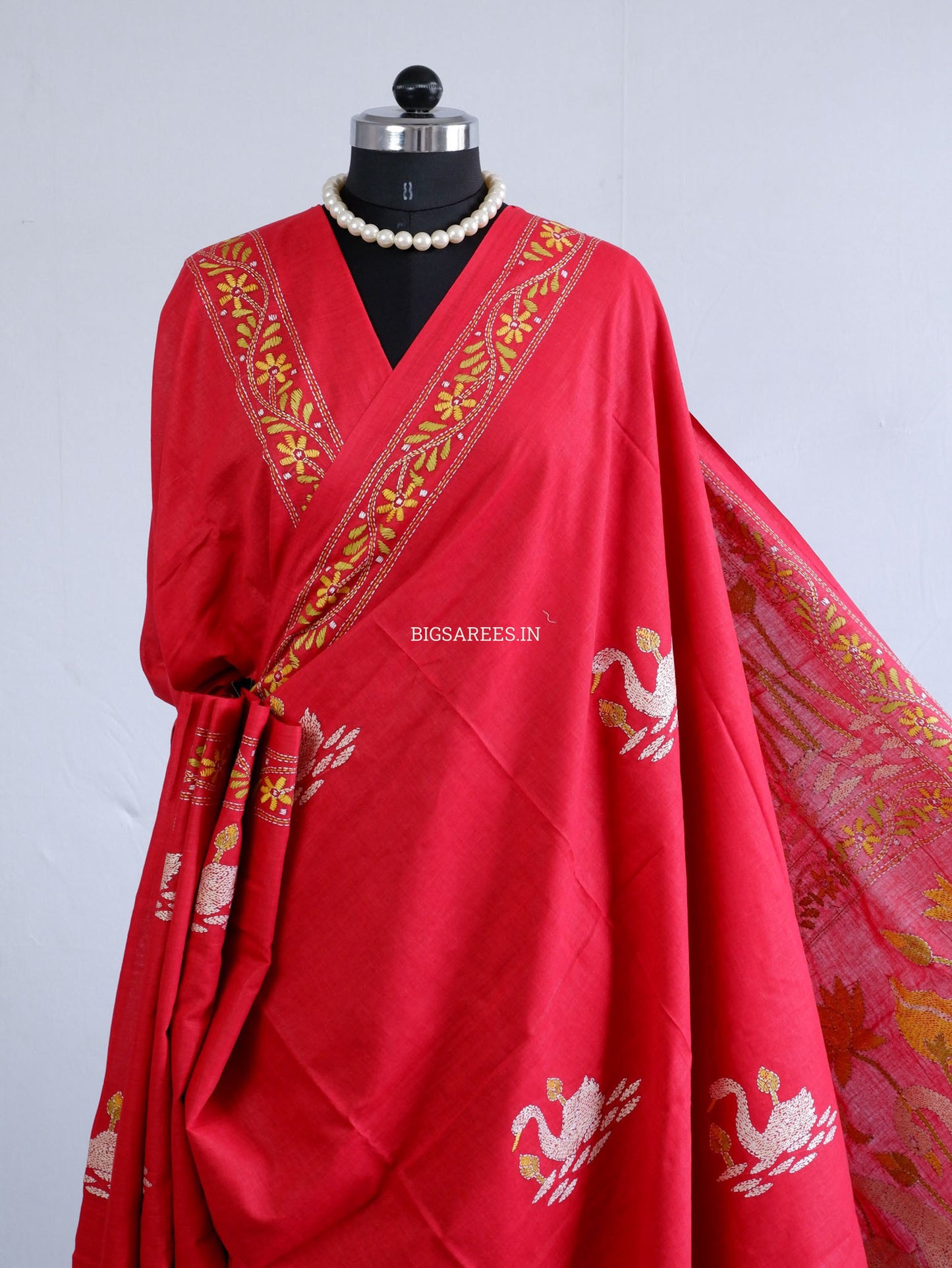 Kantha Hand-Embroidered Saree | Pure Khadi Cotton | Red